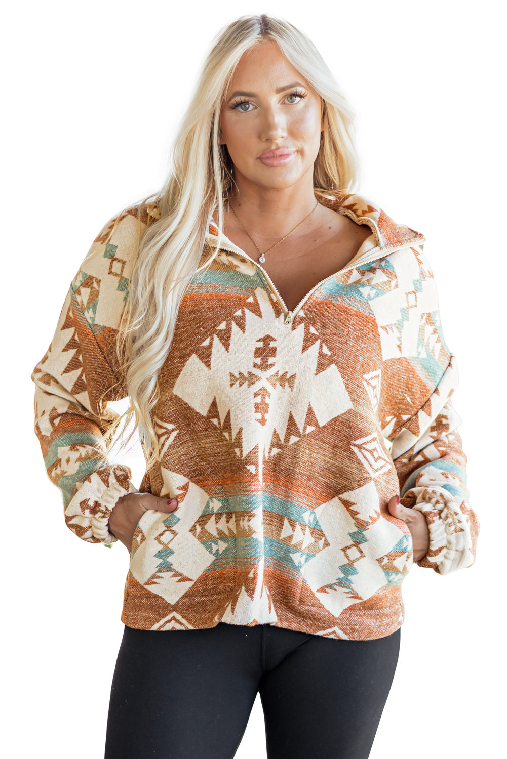 Western Aztec Quarter-Zip Elastic Cuffs Sweatshirt