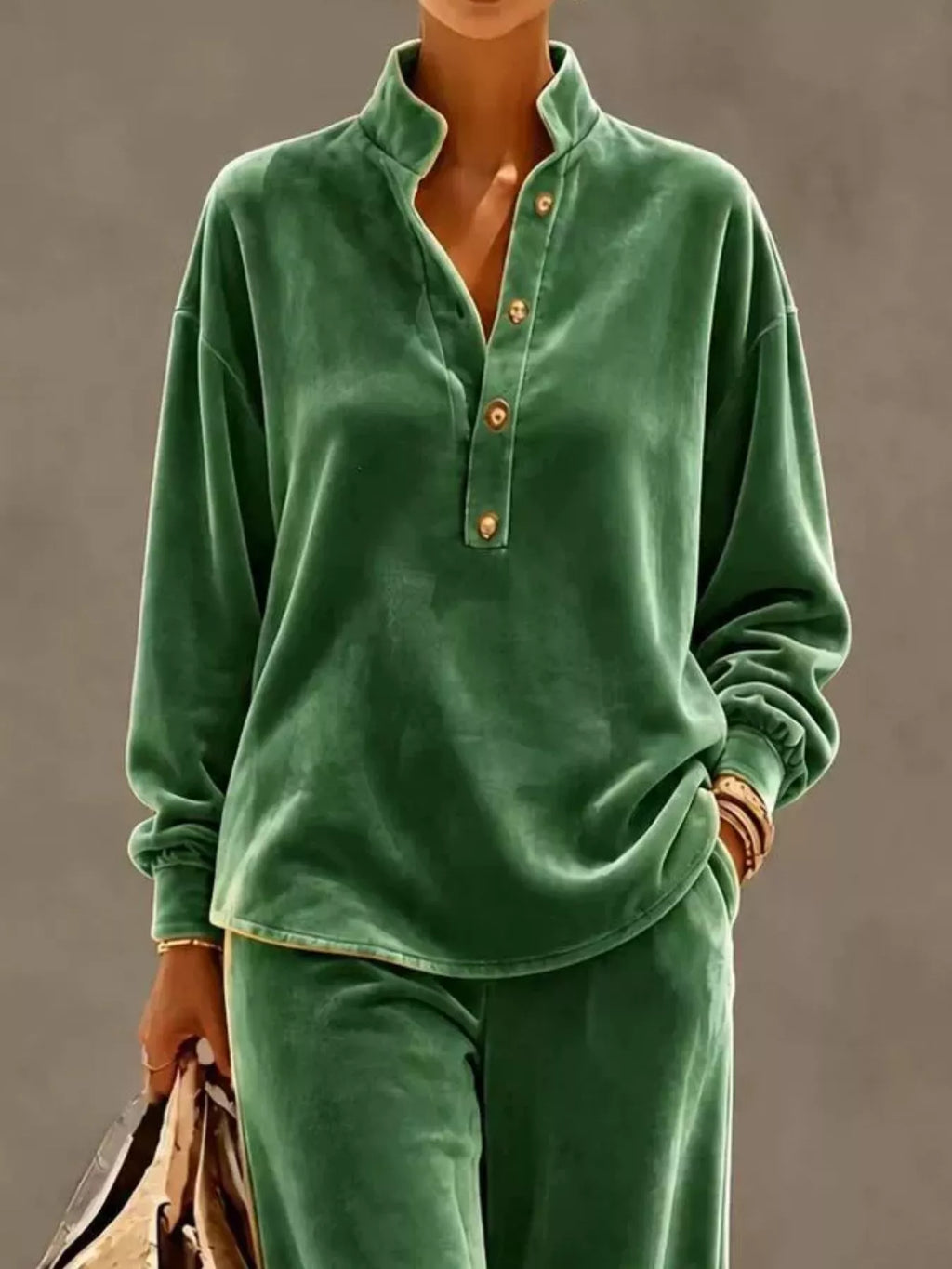 Full Size Half Button Top and Wide Leg Pants Set Plus Size
