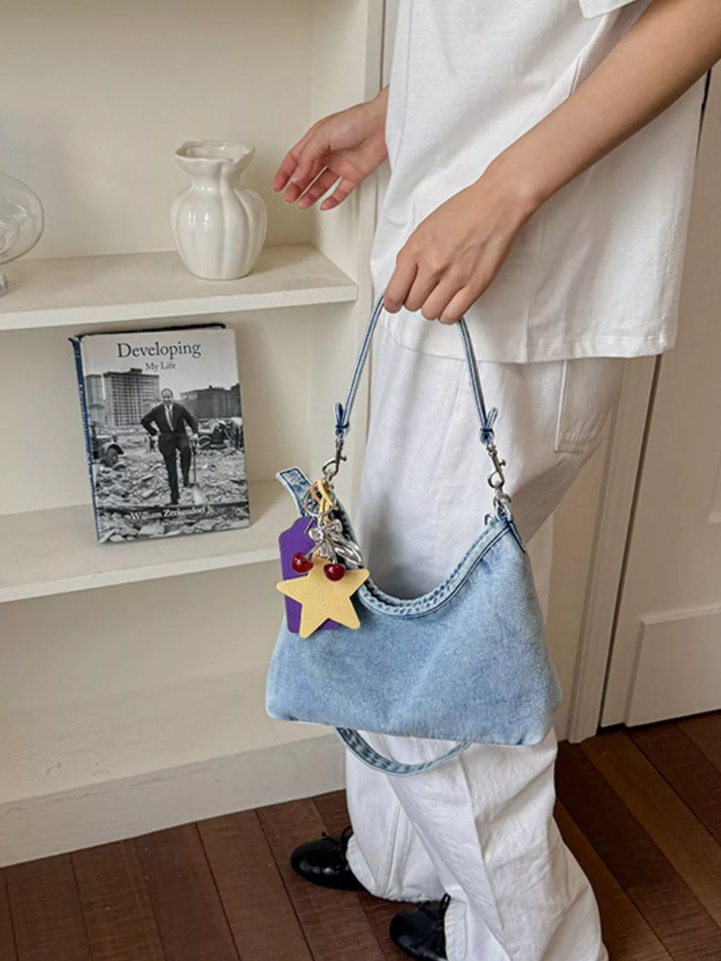 Star Charm Denim Shoulder Bag