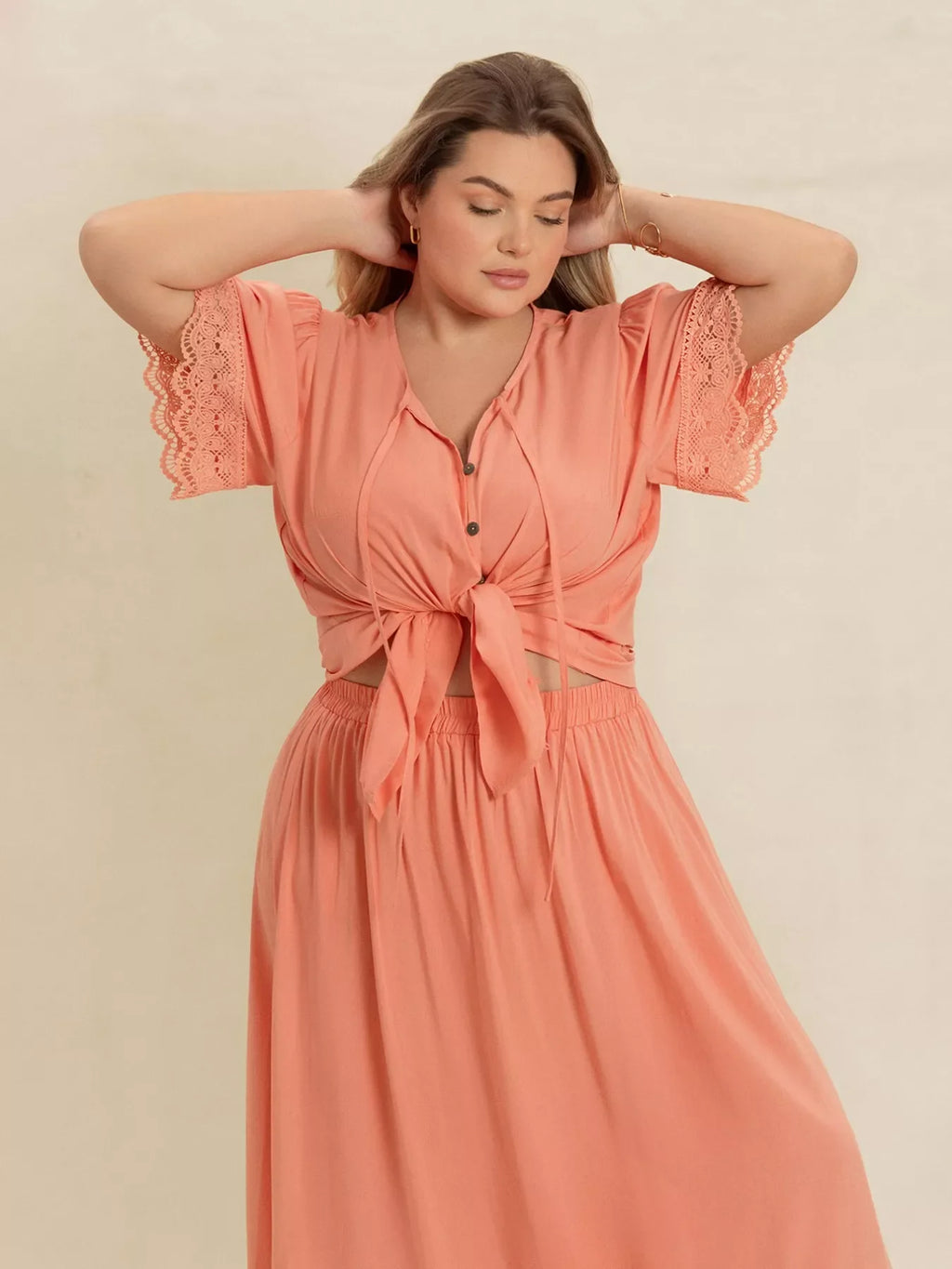 Lace Detail Tie Neck Top and Skirt Set