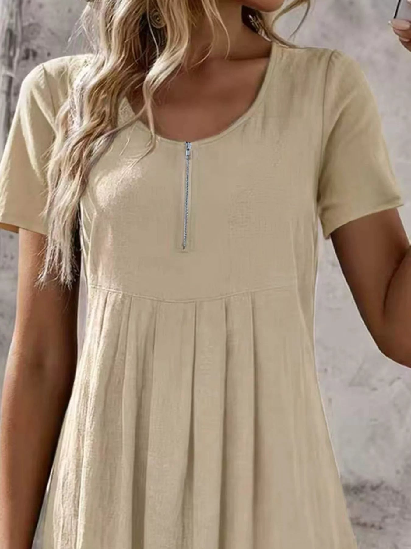 Zipper-Front Short Sleeve A-Line Dress
