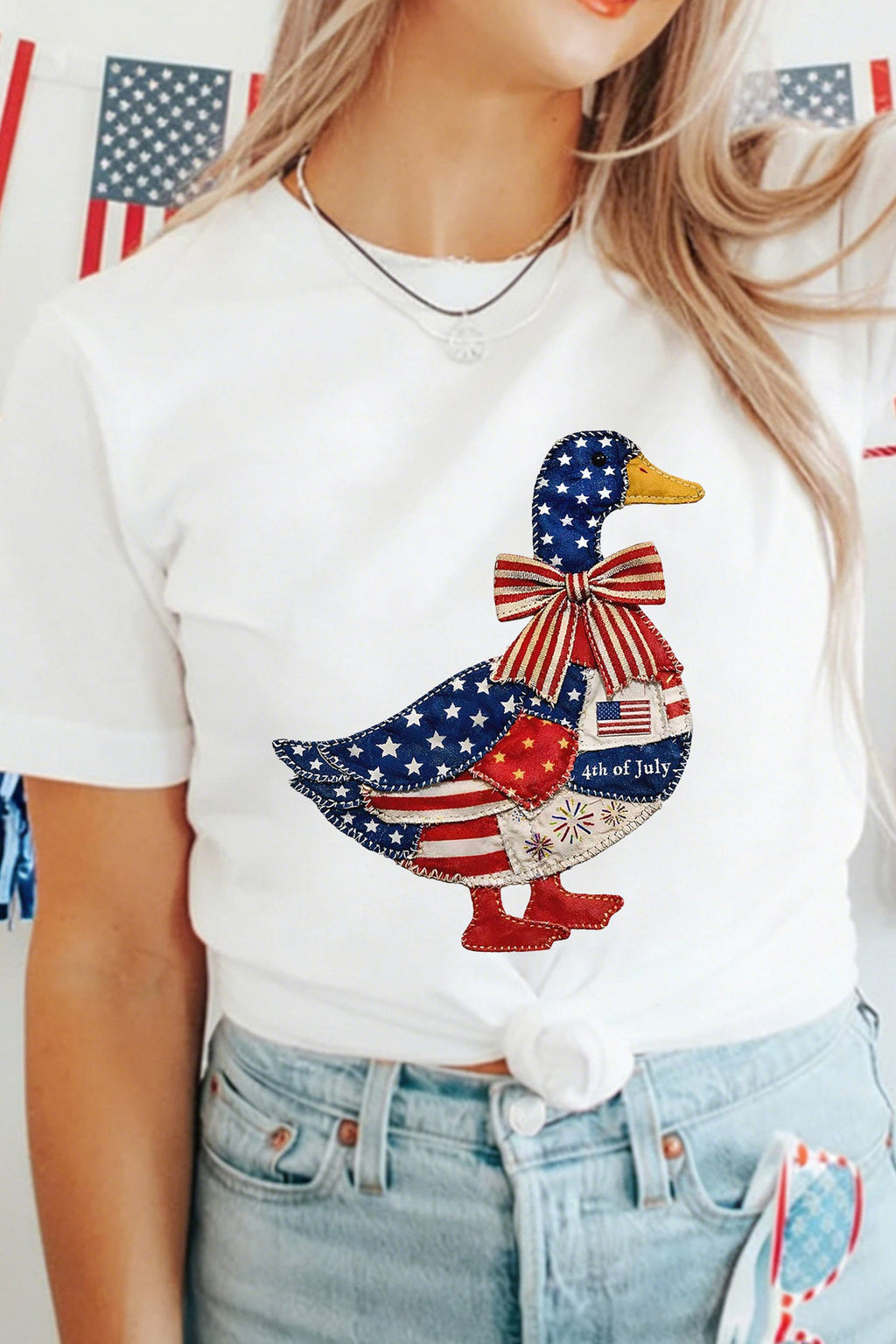 White Patriotic Patchwork Print Duck Graphic Tee