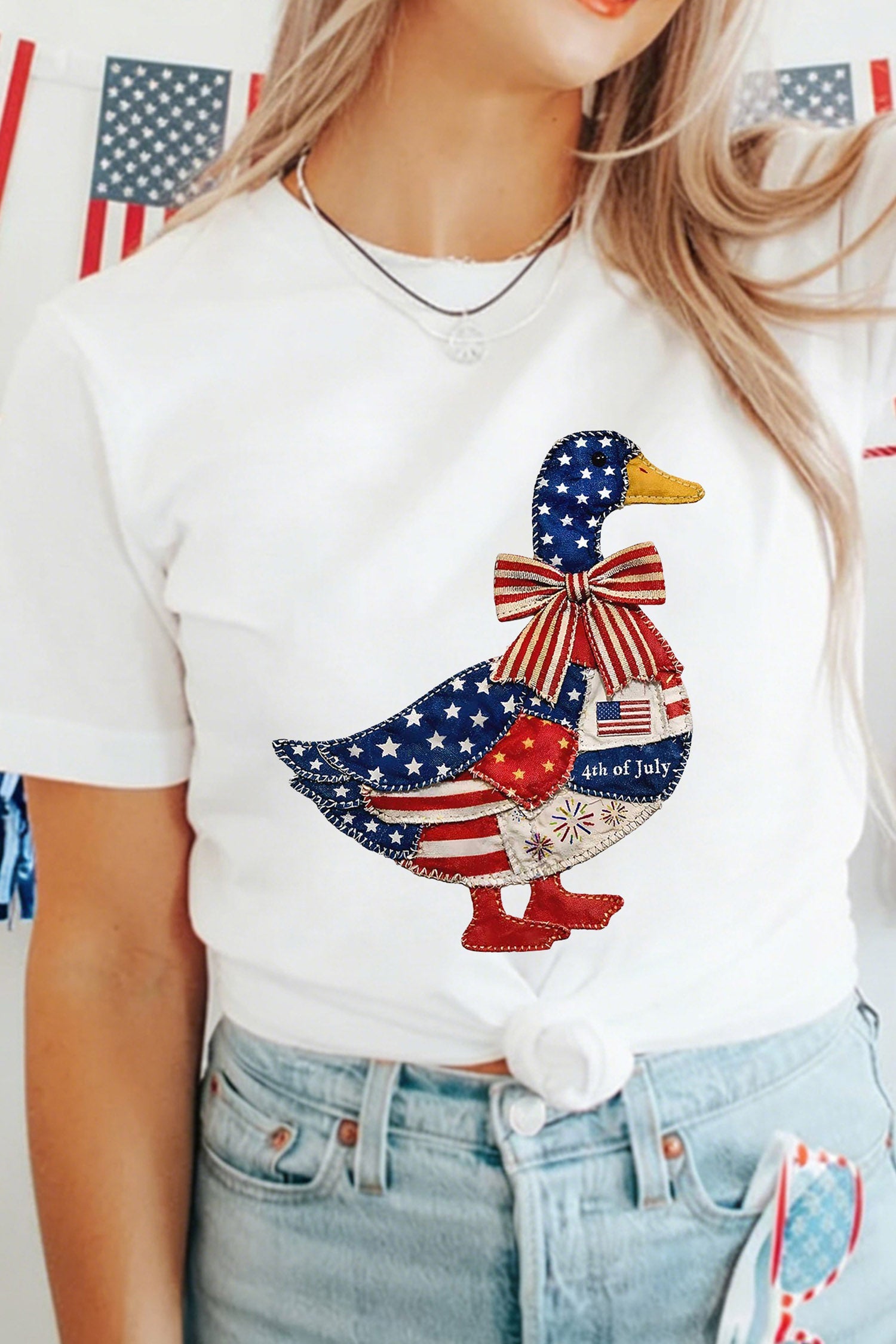 White Patriotic Patchwork Print Duck Graphic Tee