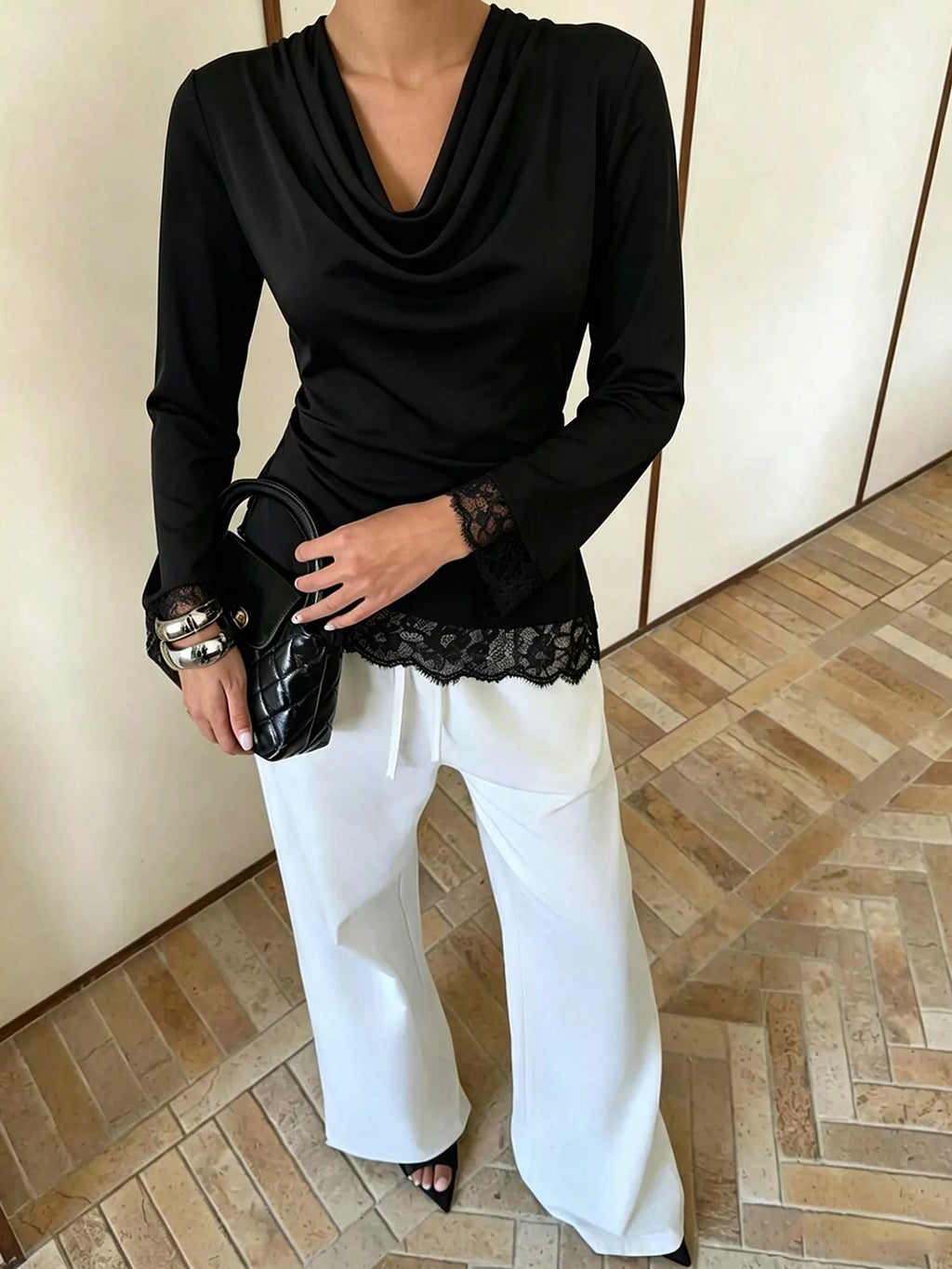 Lace Trim Cowl Neck Blouse
