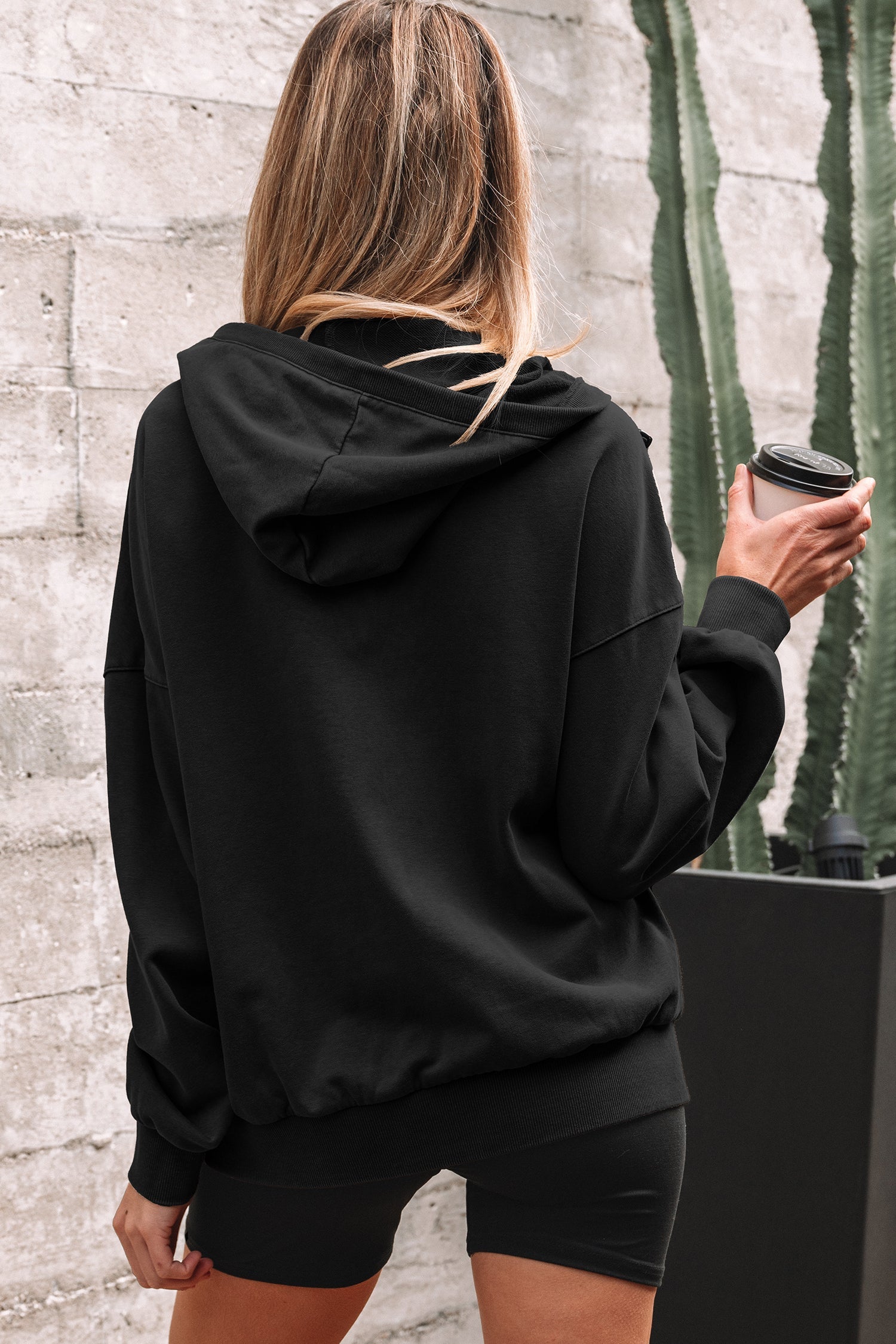 Black Half Zip Kangaroo Pocket Mineral Wash Baggy Hoodie