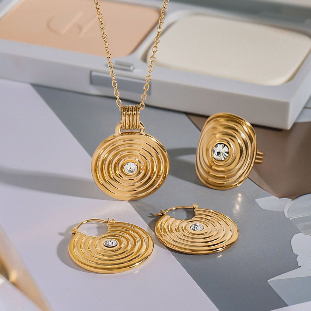 18K gold round with texture design simple and elegant necklace earrings ring set