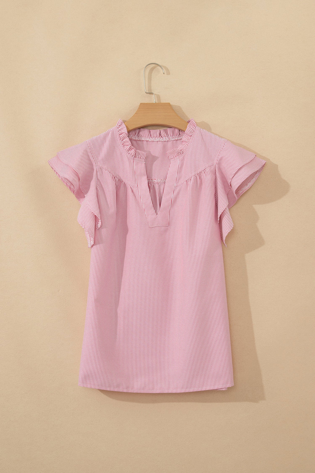 Red Stripe Frilly Split Neck Double Ruffled Short Sleeve Blouse
