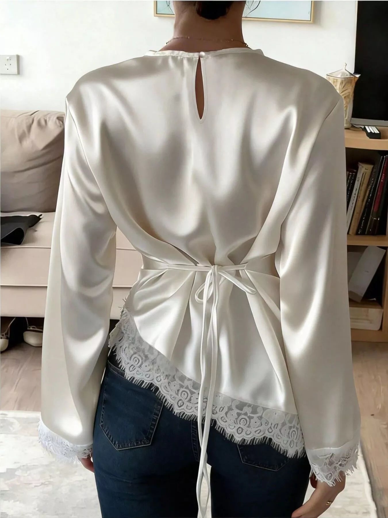 Satin Lace Trim Flare Sleeve Blouse