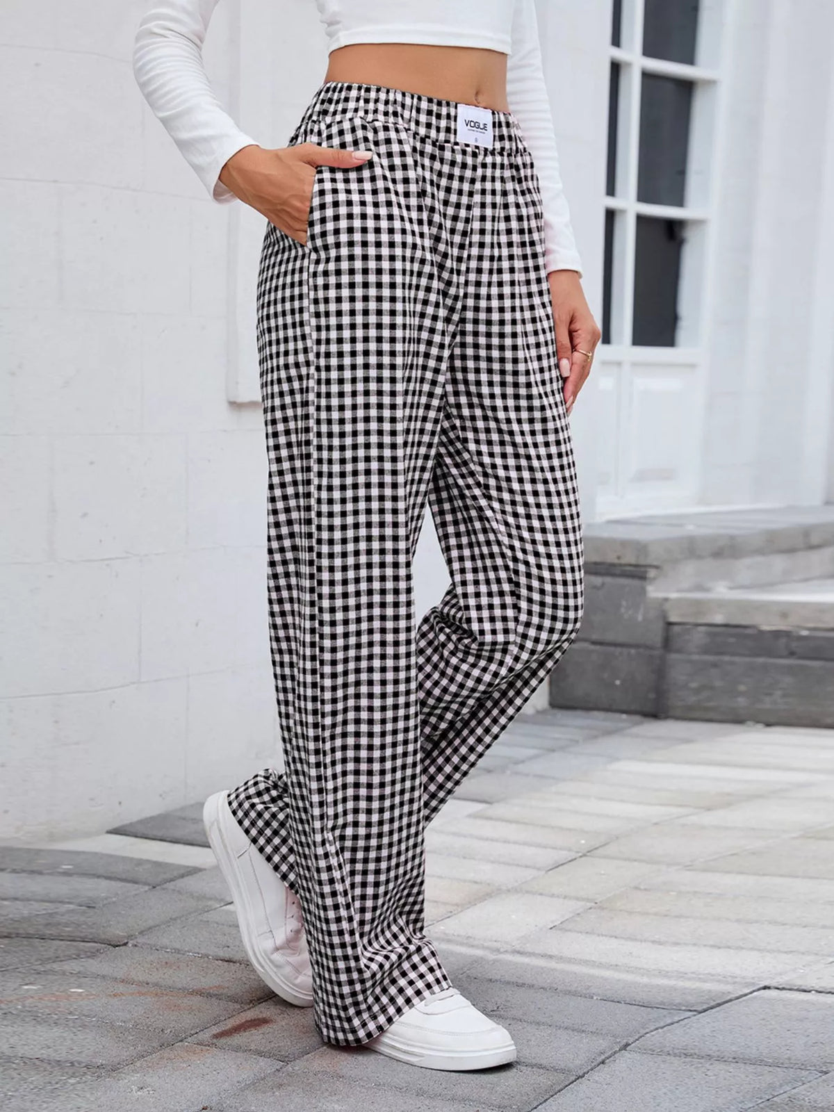 Plaid Wide-Leg Cotton Pants with Side Pockets