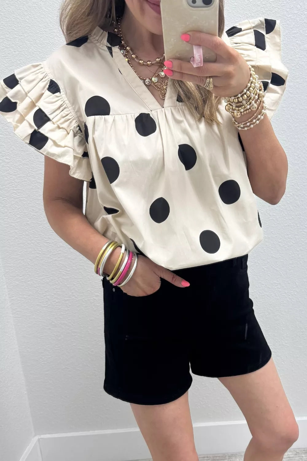 Casual Polka Dot V-Neck Ruffle Short Sleeve Blouse