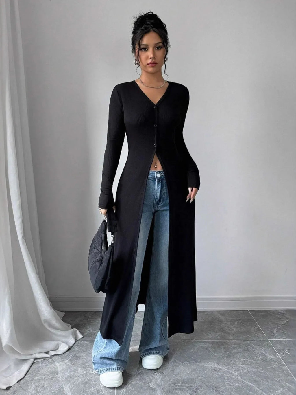 V-Neck Button-Front Longline Cardigan
