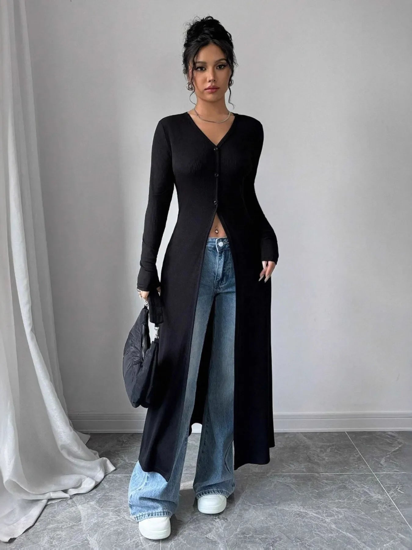 V-Neck Button-Front Longline Cardigan