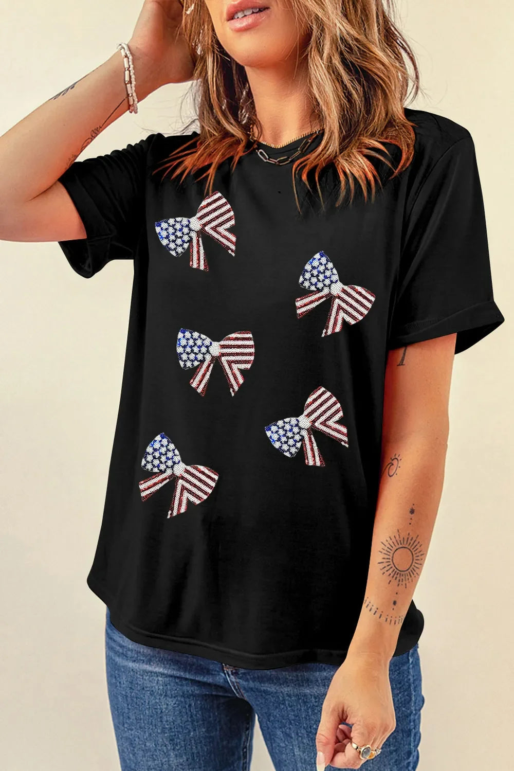Sequin US Flag Round Neck Short Sleeve T-Shirt