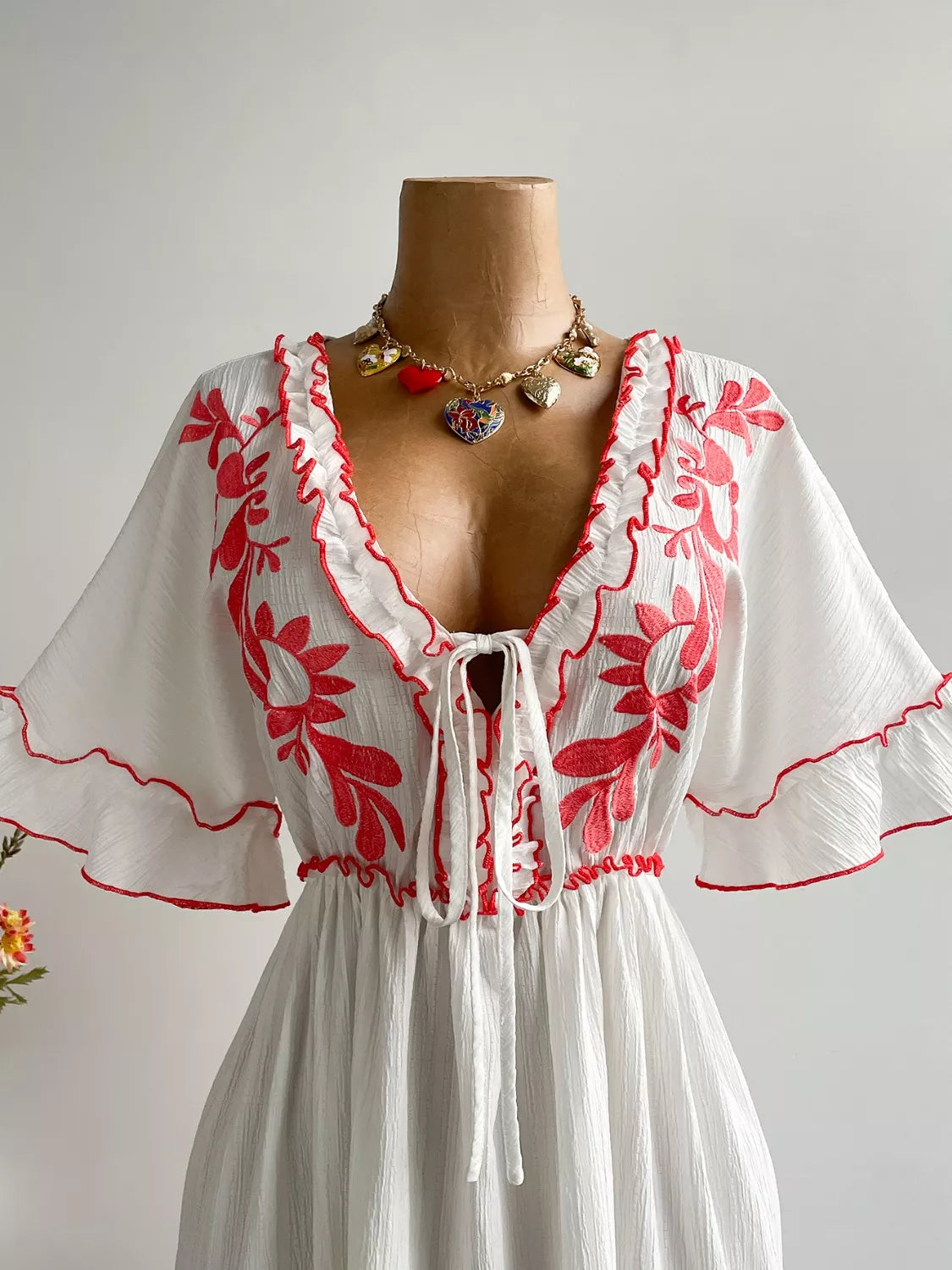 Front Tie Maxi Dress with Floral Embroidered