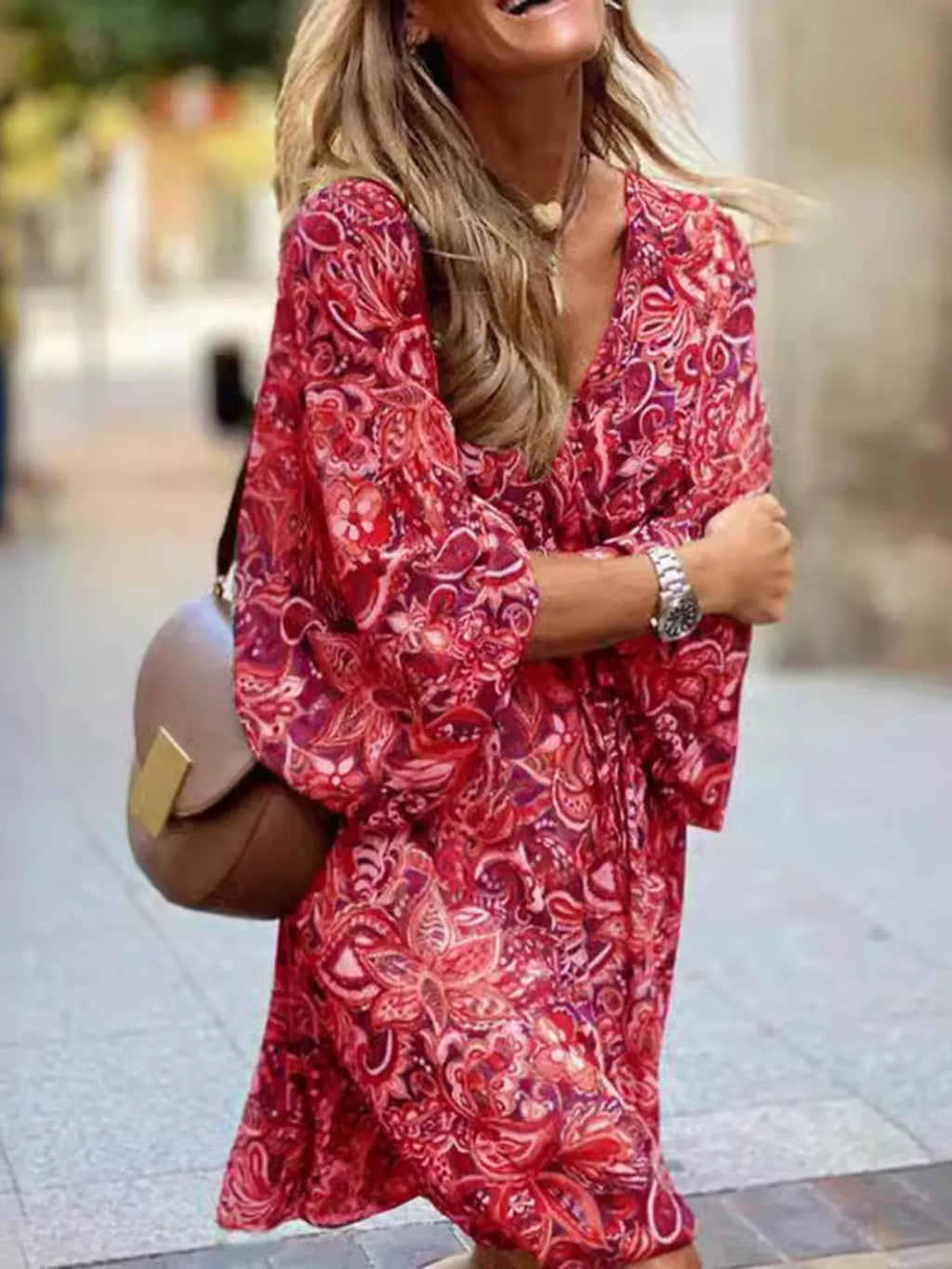 Full Size Paisley Print Long Sleeve Mini Dress Plus Size
