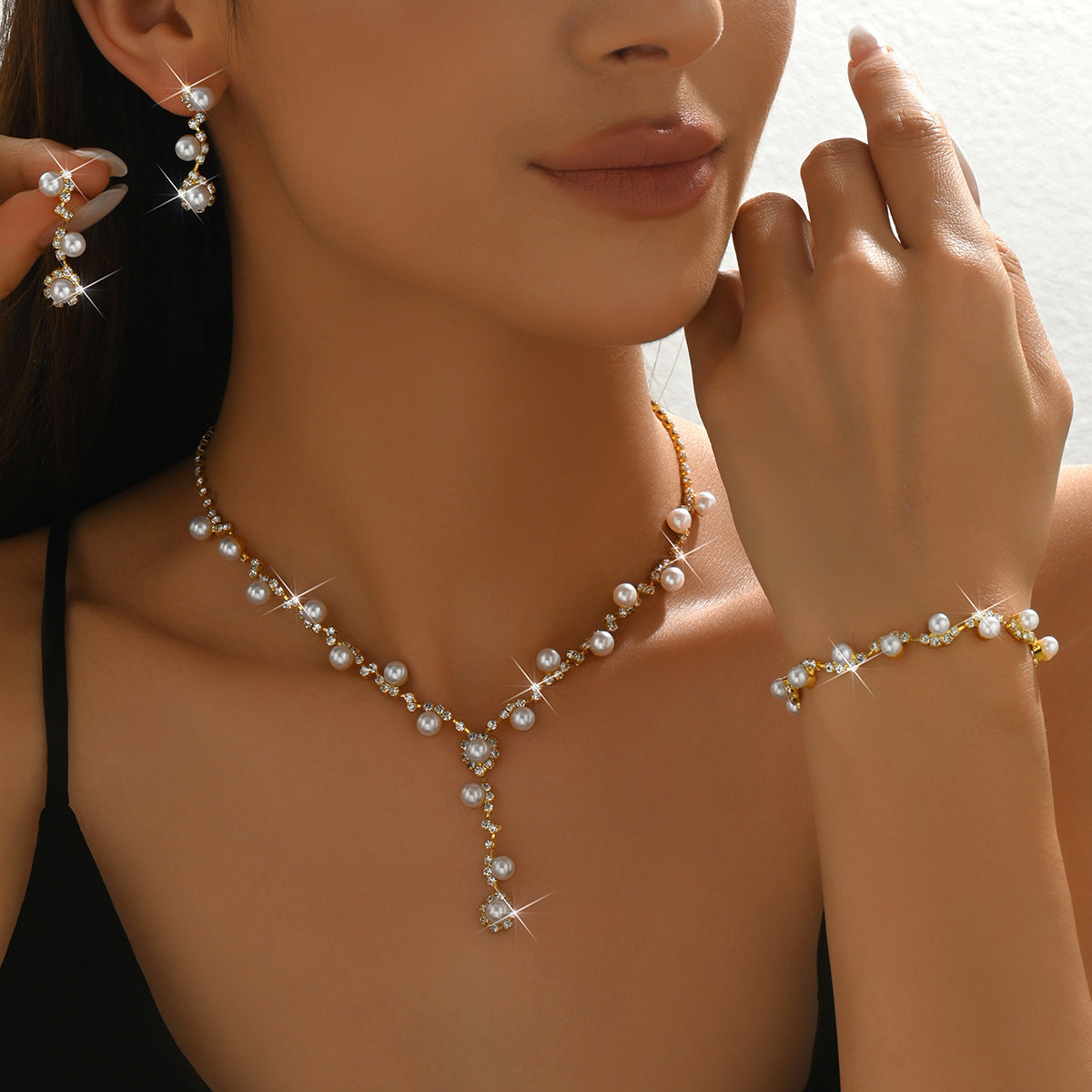 Women 3 Pcs Rhinestone Pearl Jewelry Set,Choker Necklace Dangle Earrings Bracelet,Elegant Costume Accessories For Dinner Party Evening Dress Occasion