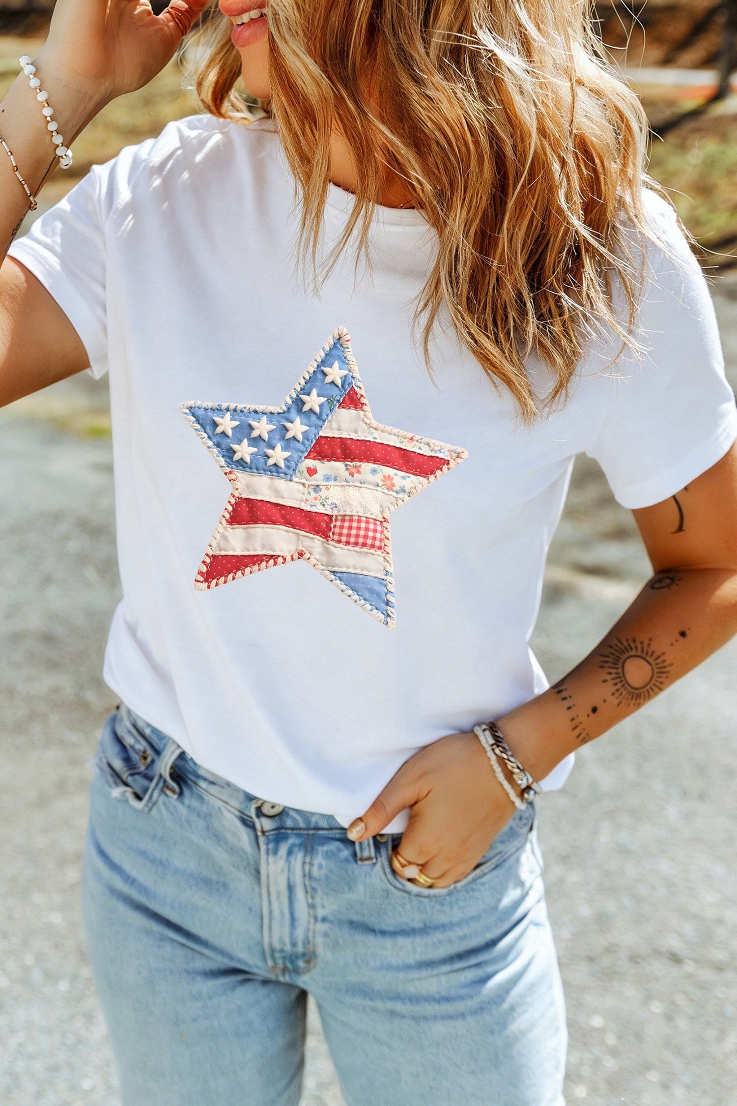 White Faux Patchwork Star Printed Patriotic Graphic Tee