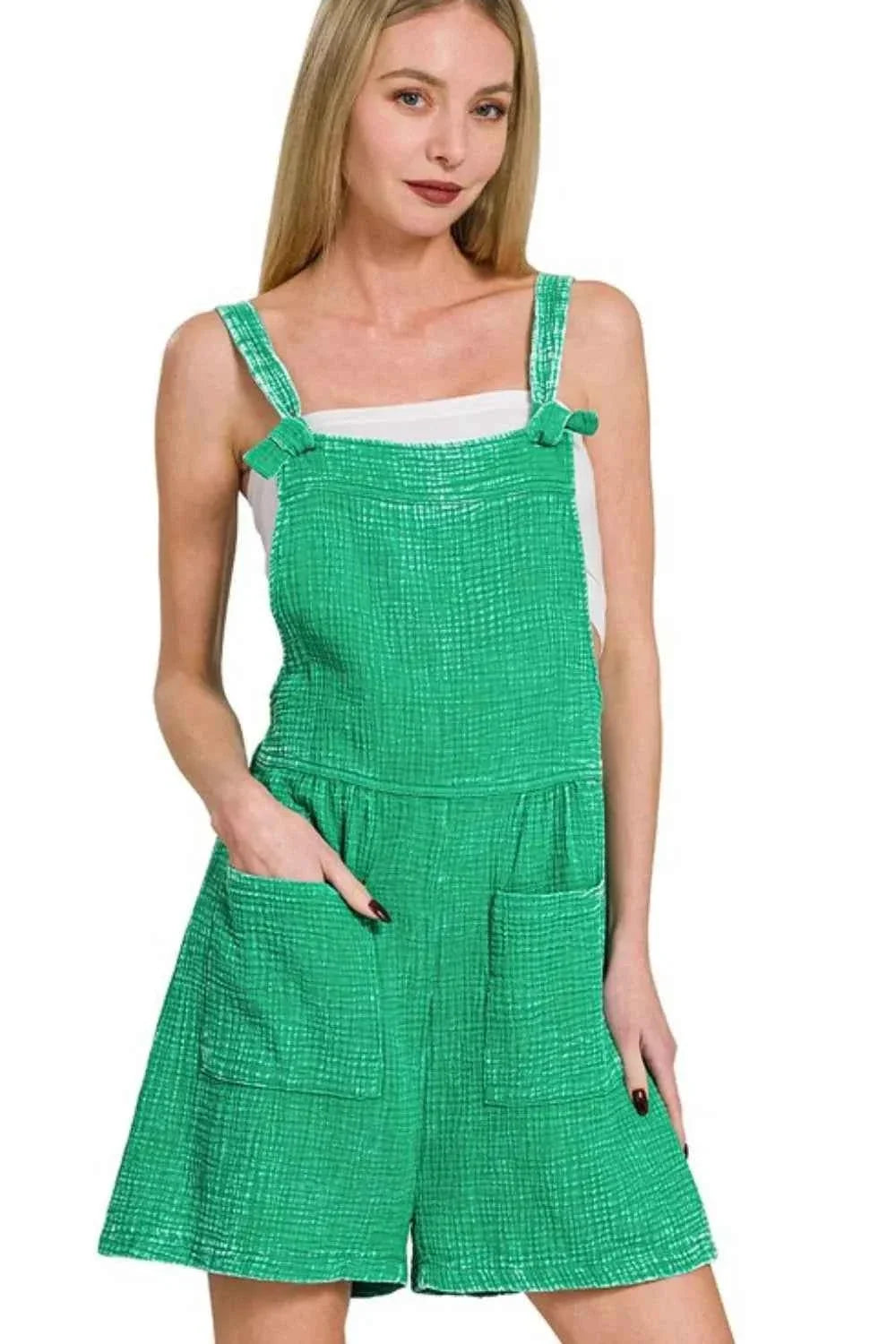 Woven Double Gauze Acid Wash Overall Shorts Romper with Pockets