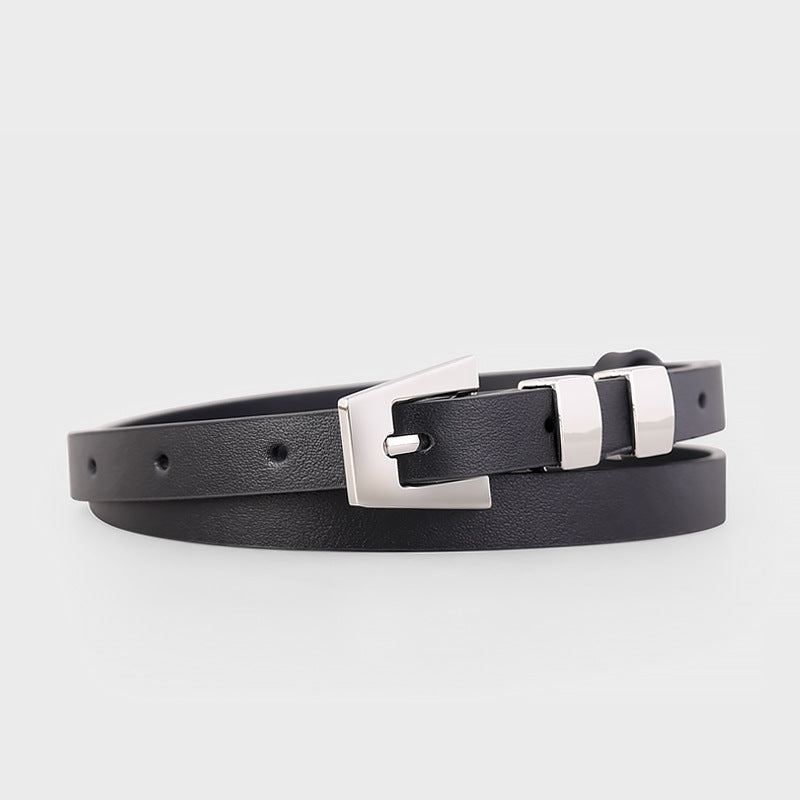 Skinny Leather Belt with Silver Buckle