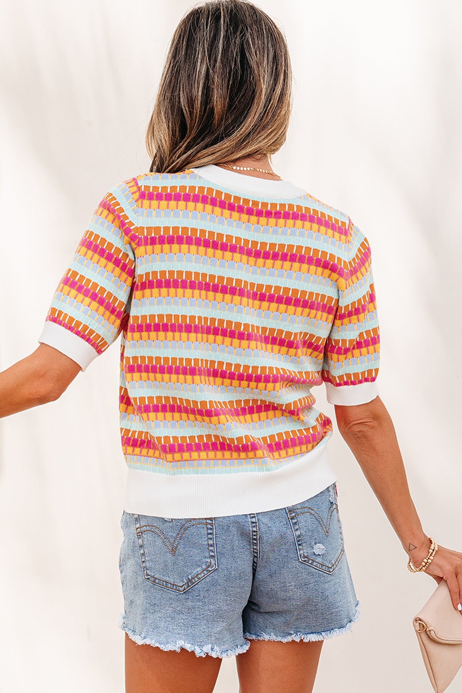Orange Abstract Striped Knit Short Sleeve Sweater