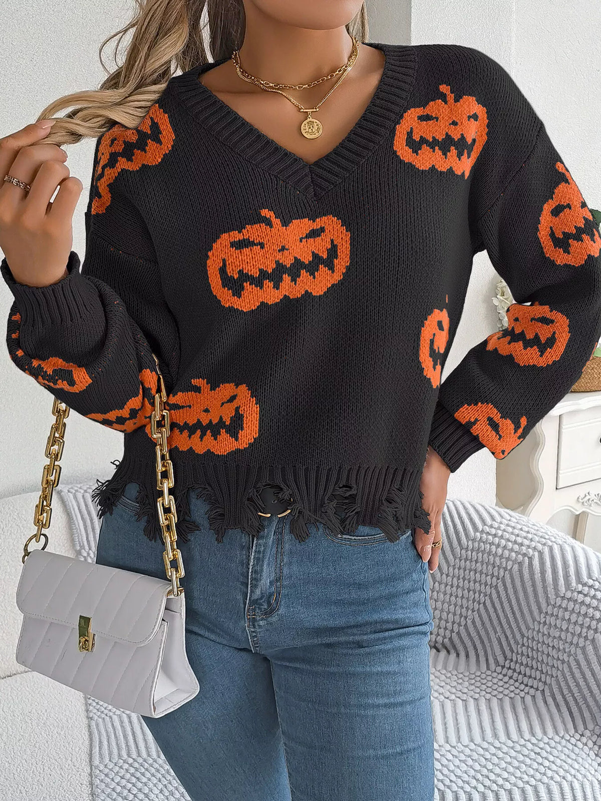 Pumpkin Distressed Hem Sweater