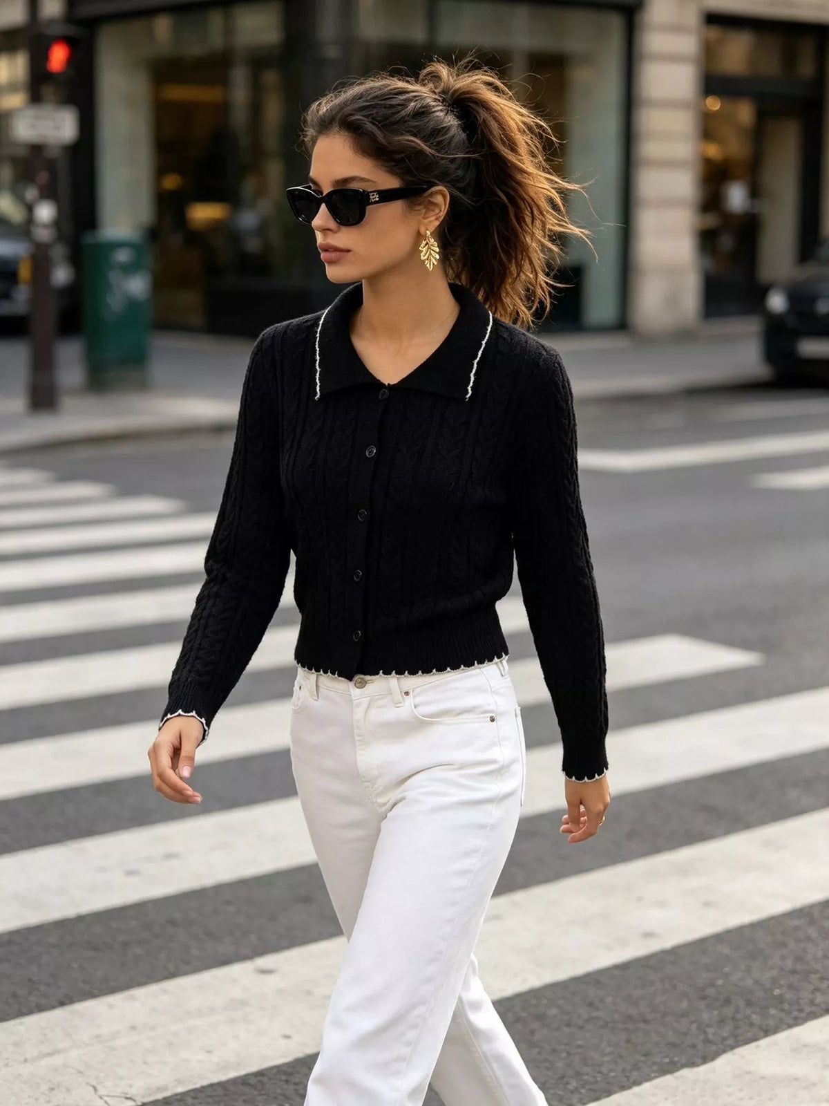 Cable Knit Polo Collar Button-Up Cardigan