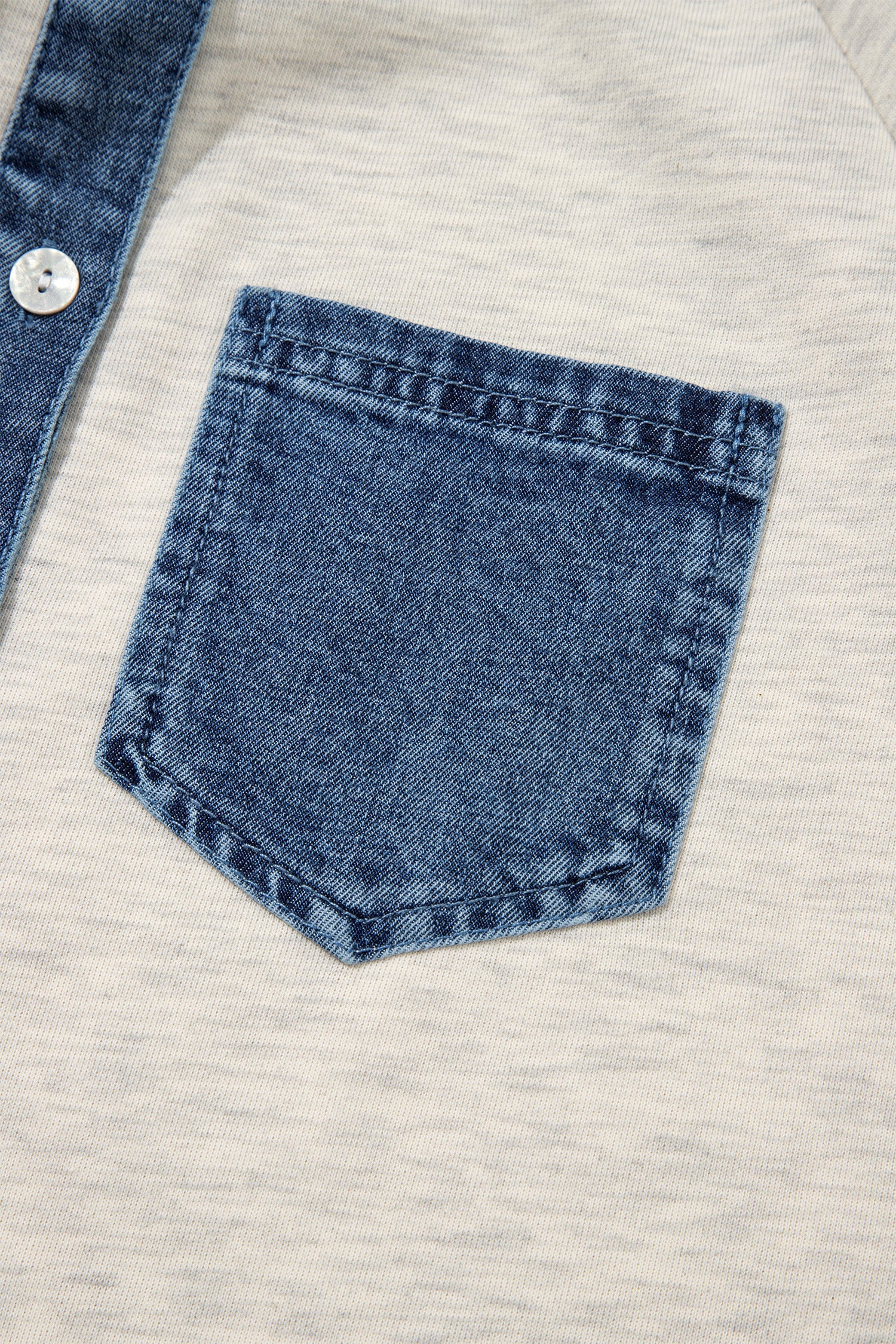 Gray Denim Collar Patchwork Long Sleeve Pullover Top