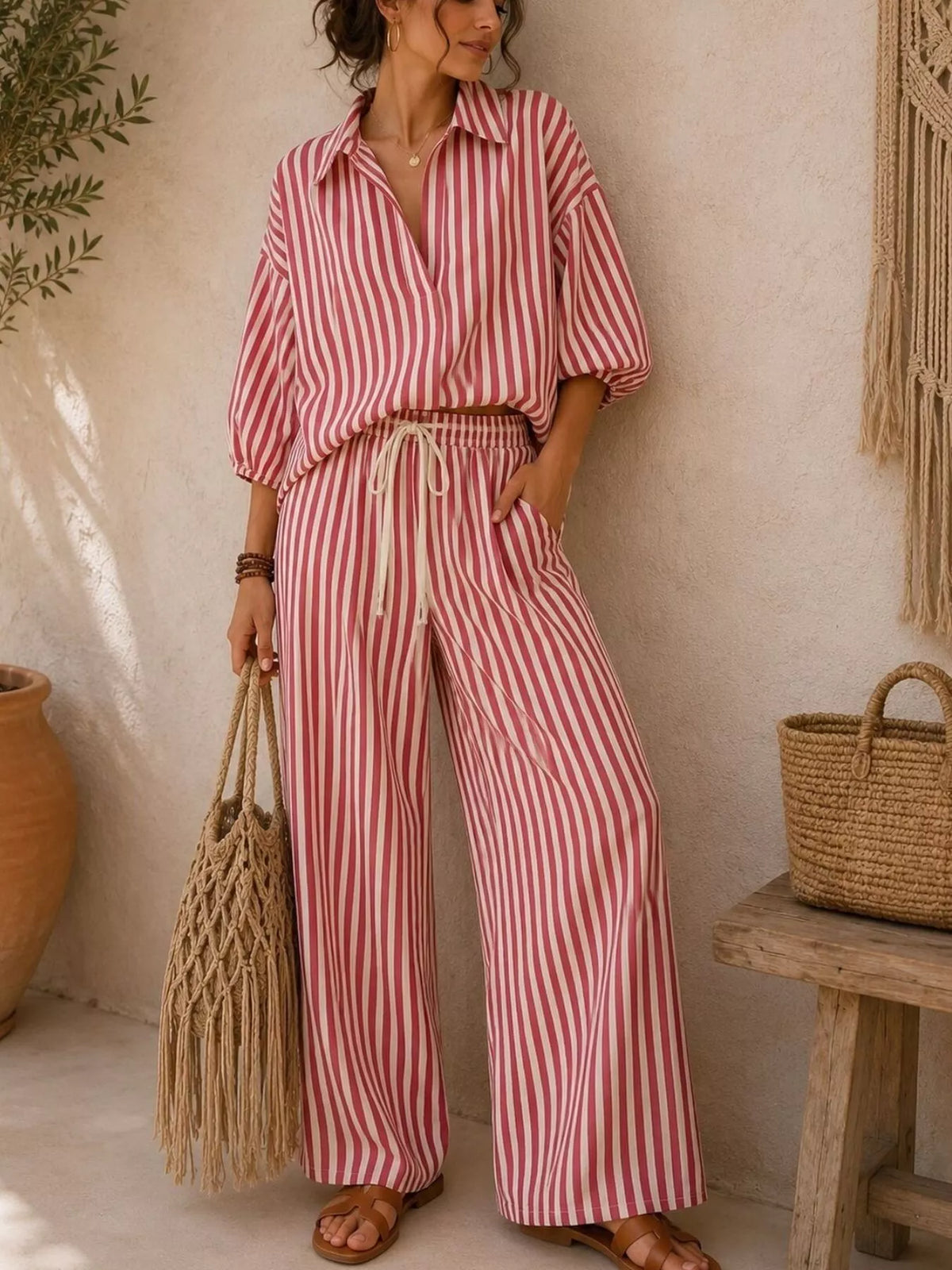 Full Size Striped Relaxed Fit Shirt and Wide-Leg Pants Set Plus Size