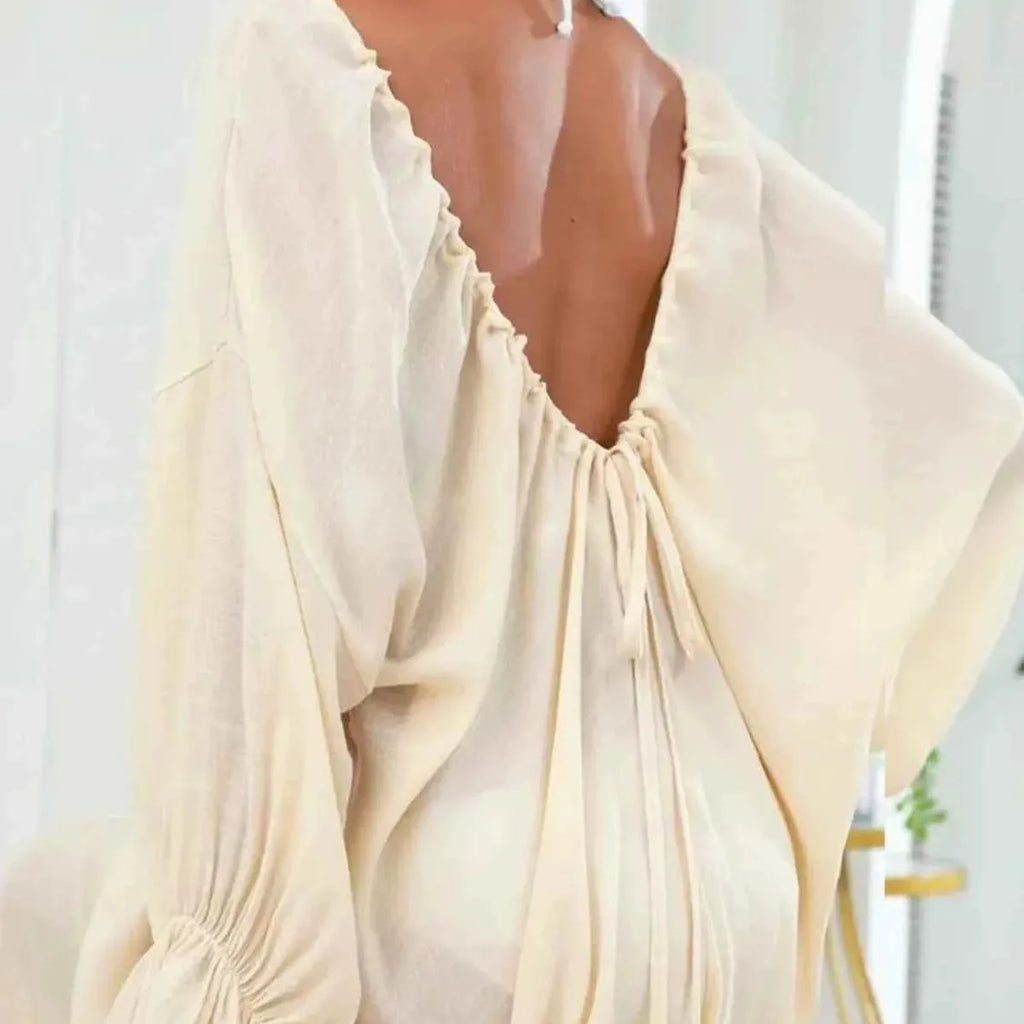 Backless Drawstring Back Flounce Sleeve Beach Cover-Up