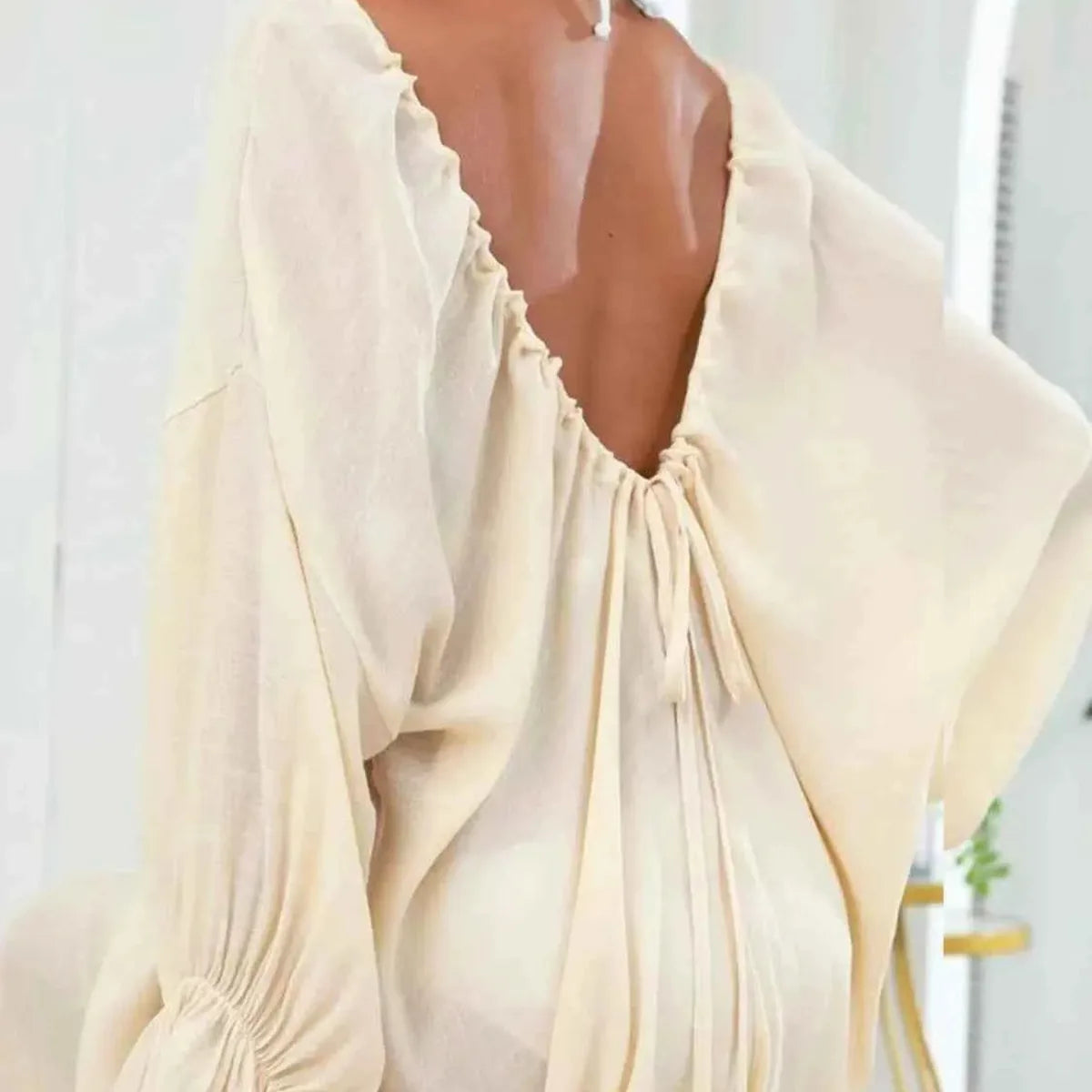 Backless Drawstring Back Flounce Sleeve Beach Cover-Up