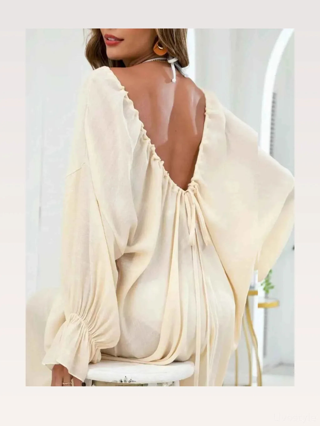 Backless Drawstring Back Flounce Sleeve Beach Cover-Up