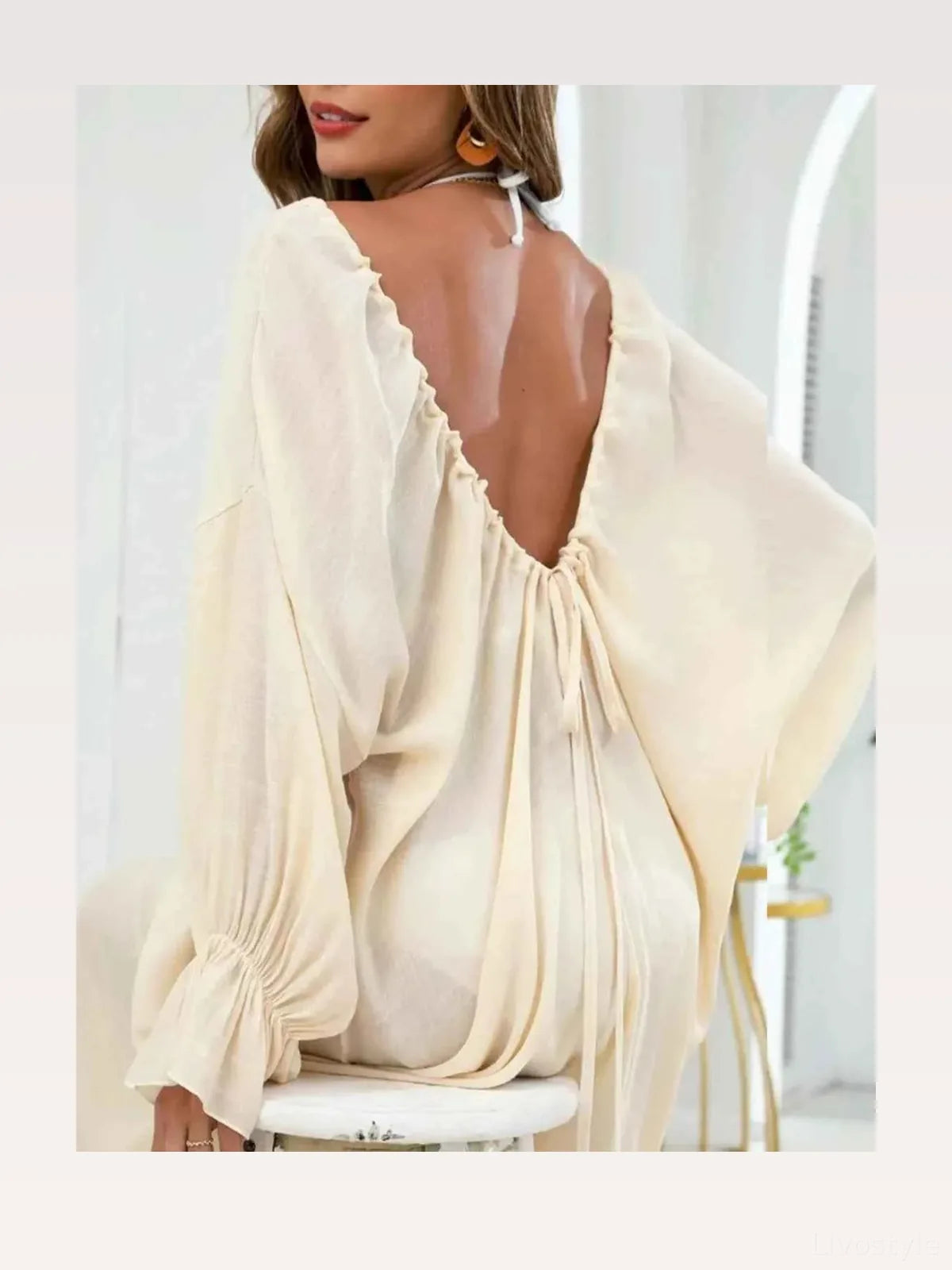 Backless Drawstring Back Flounce Sleeve Beach Cover-Up
