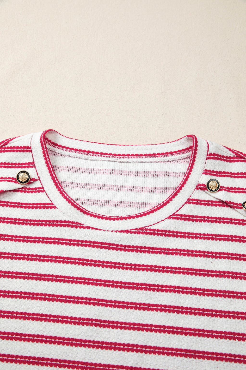Red Stripe Textured Knit Button Detail Short Sleeve Casual Tee
