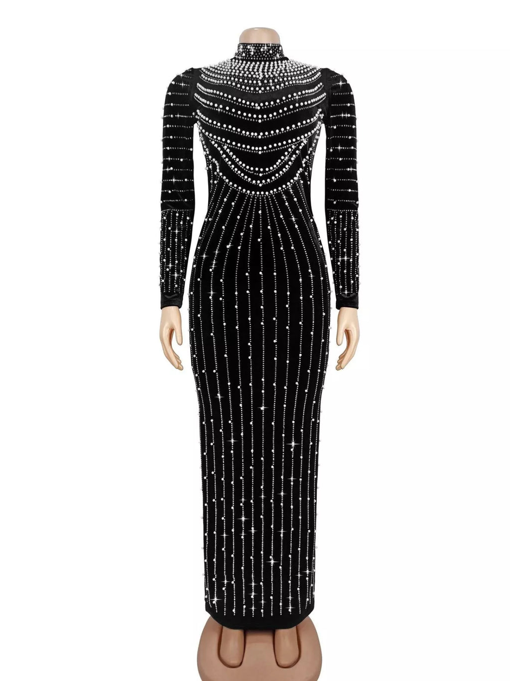 Rhinestone Embellished Mock Neck Long Sleeve Maxi Dress