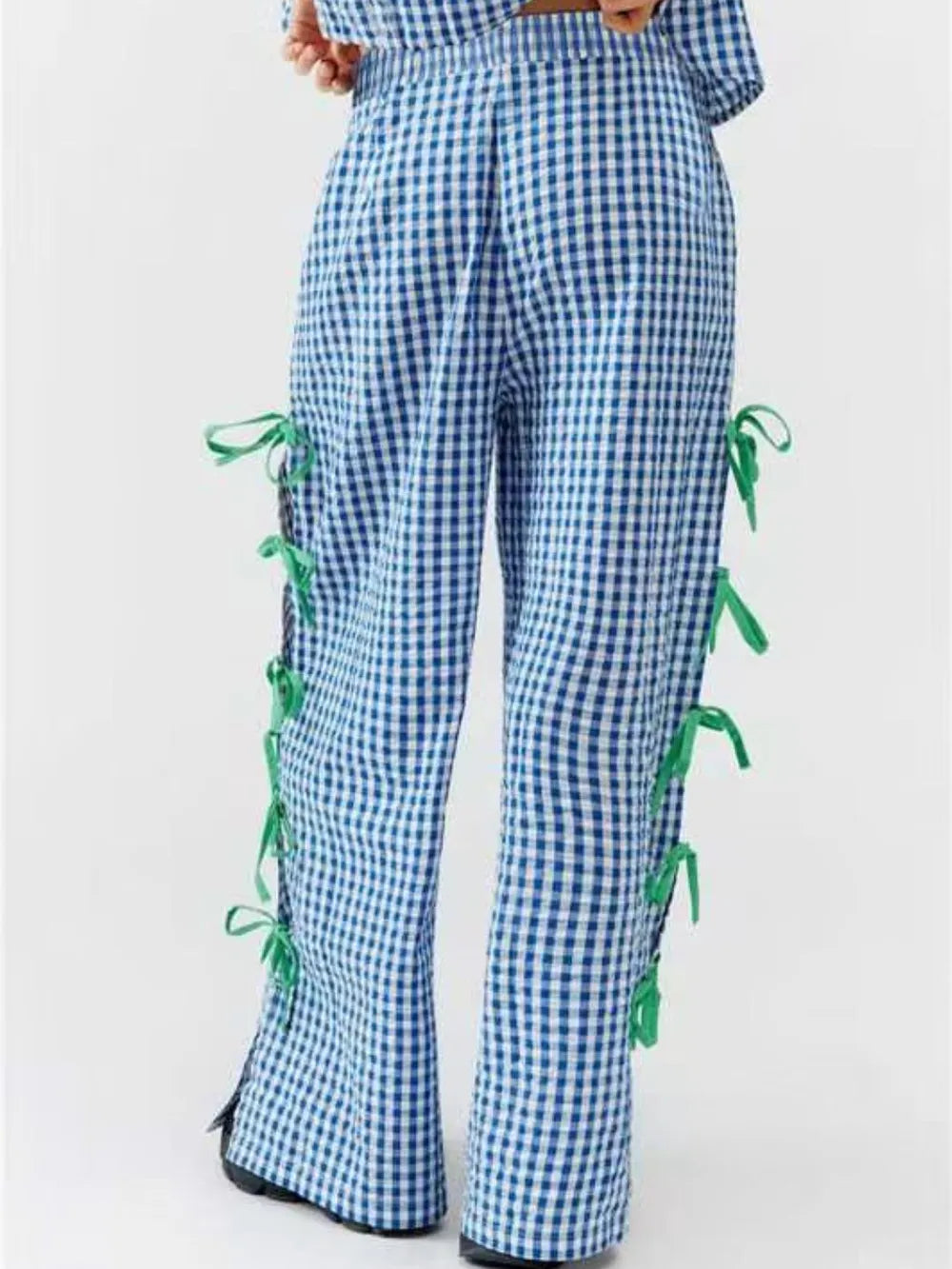 Side Tied Plaid Pants with Relaxed Leg and Slit
