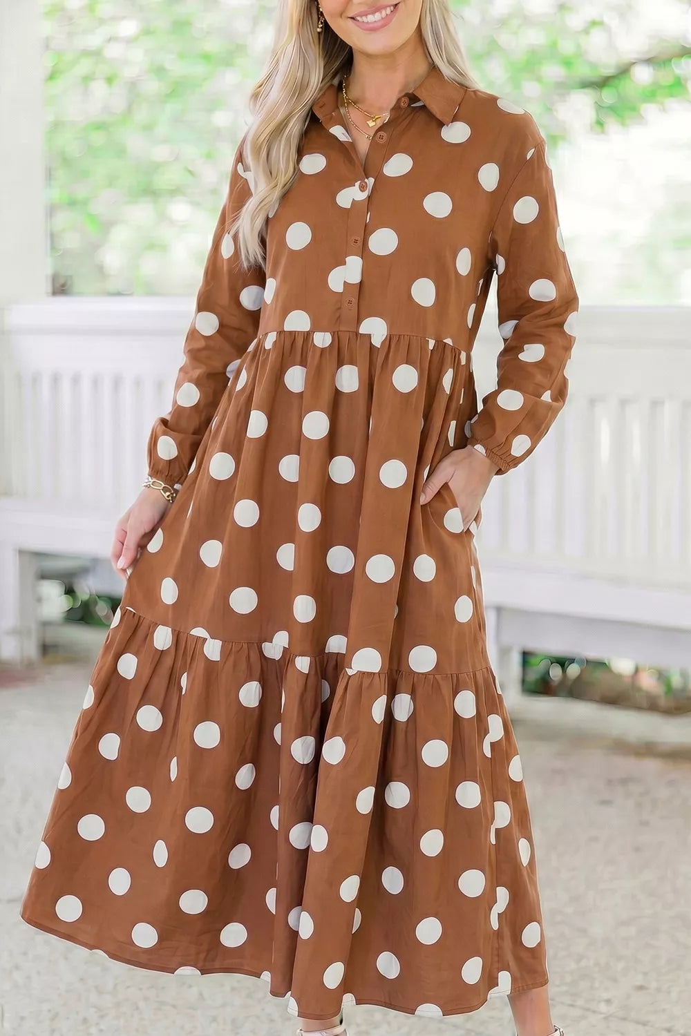 Polka Dot Button Front Long Sleeve Shift Dress