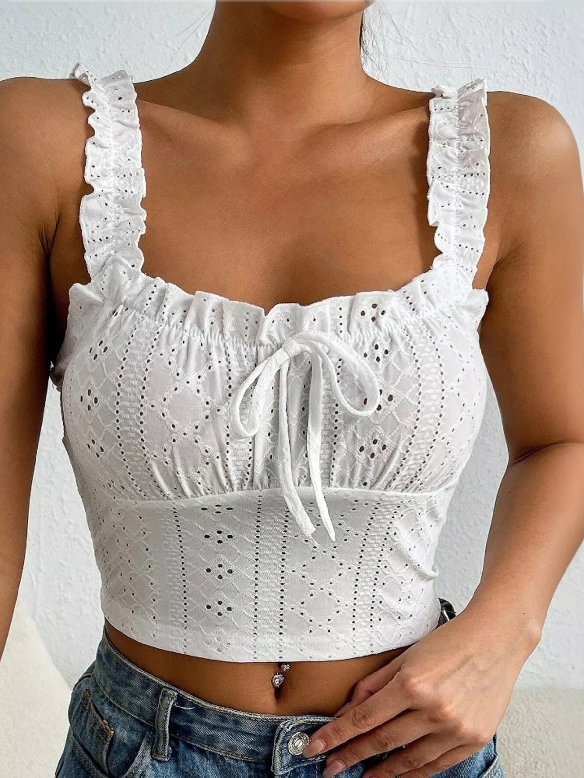 Eyelet Ruffle Strap Tie-Front Tank