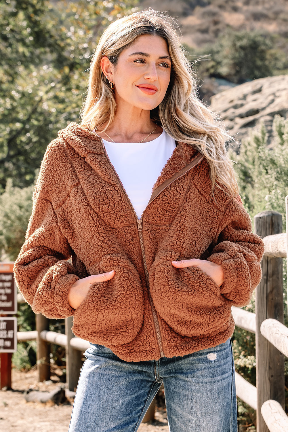 Solid Sherpa Fleece Zip Up Hooded Jacket