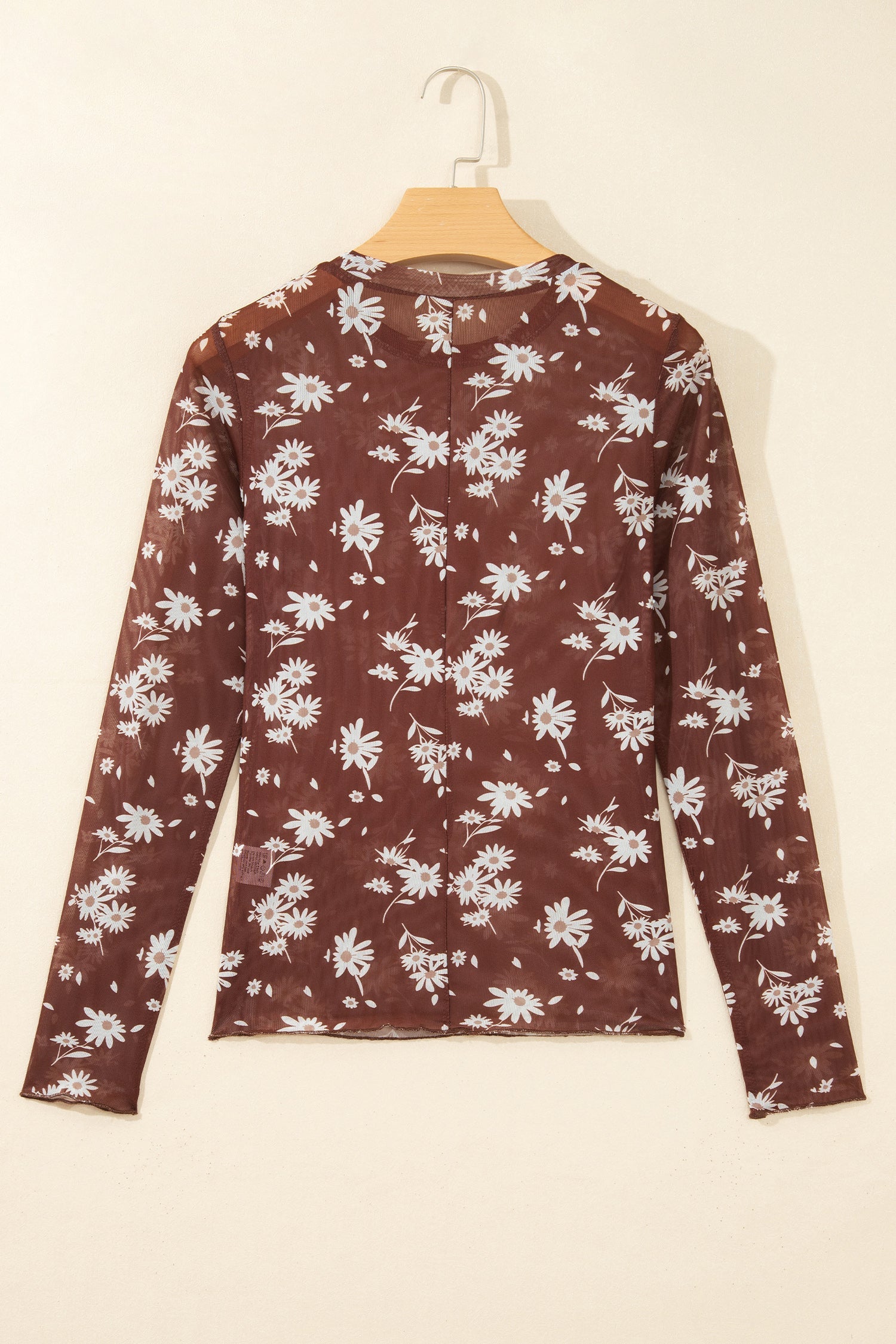 Brown Floral Print Sheer Mesh Long Sleeve Top