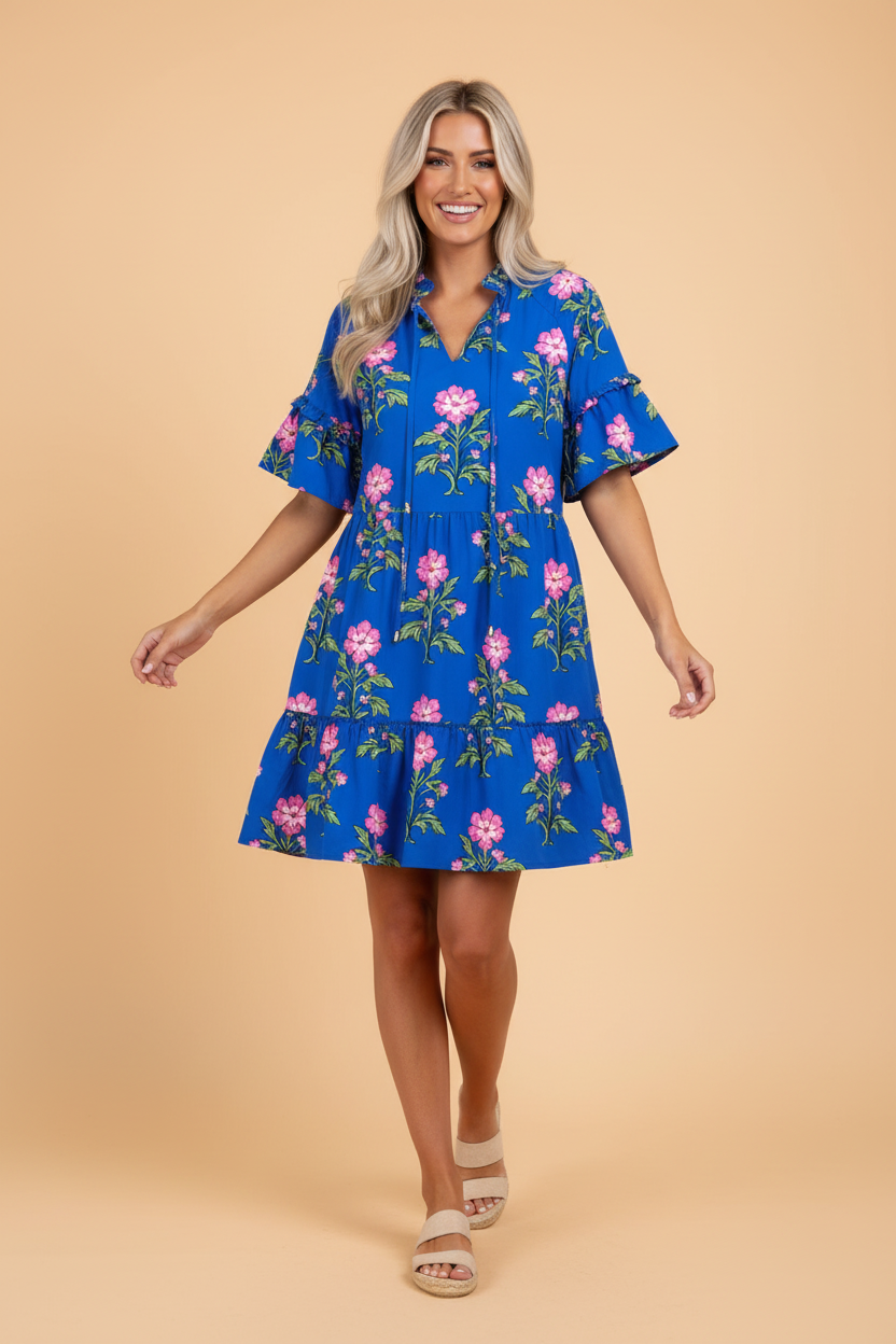 Floral Tie V-Neck Short Sleeve Mini Dress