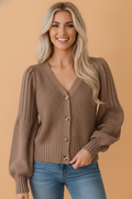 Solid Textured Knit Button Front V-Neck Cardigan