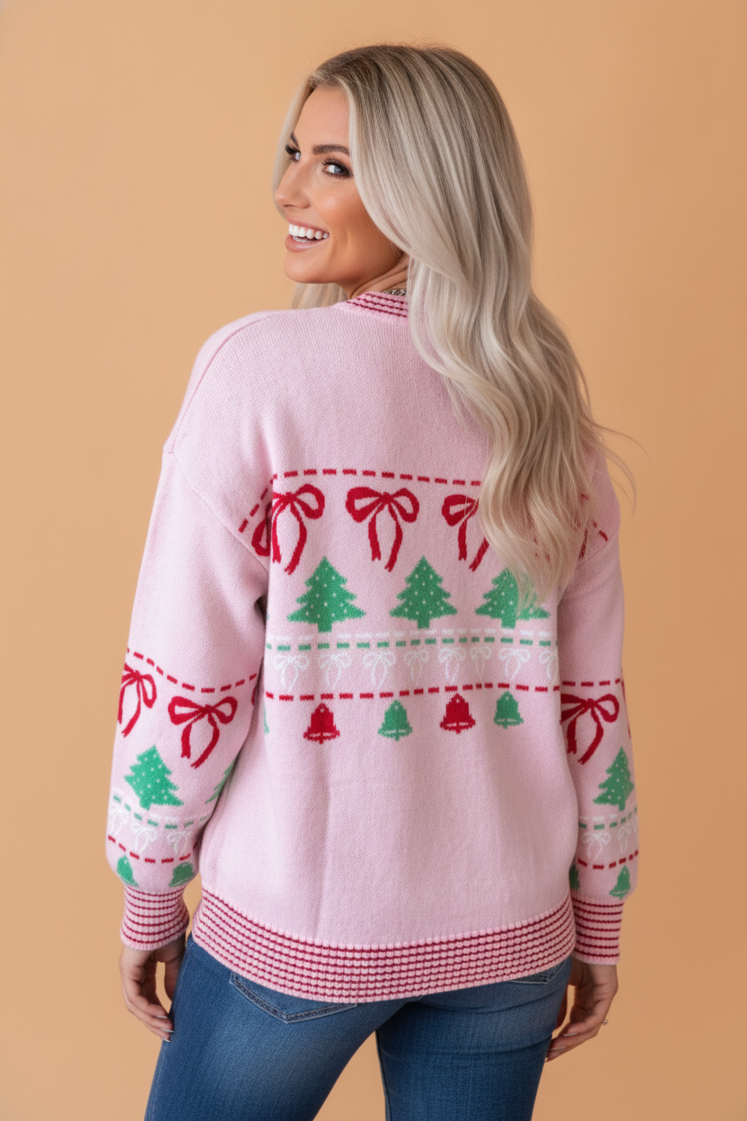 Christmas Trees & Bows Round Neck Loose Sweater