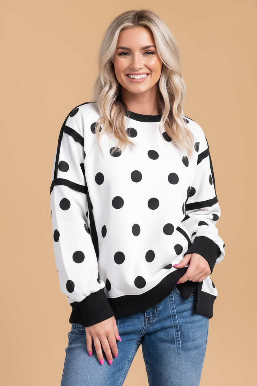 Polka Dot Contrast Reverse Seam Baggy Sweatshirt