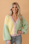 Colorblock Drop Shoulder Buttoned V-Neck Cardigan
