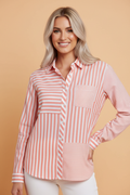 Stripe Patchwork Buttoned Collar Long Sleeve Shirt