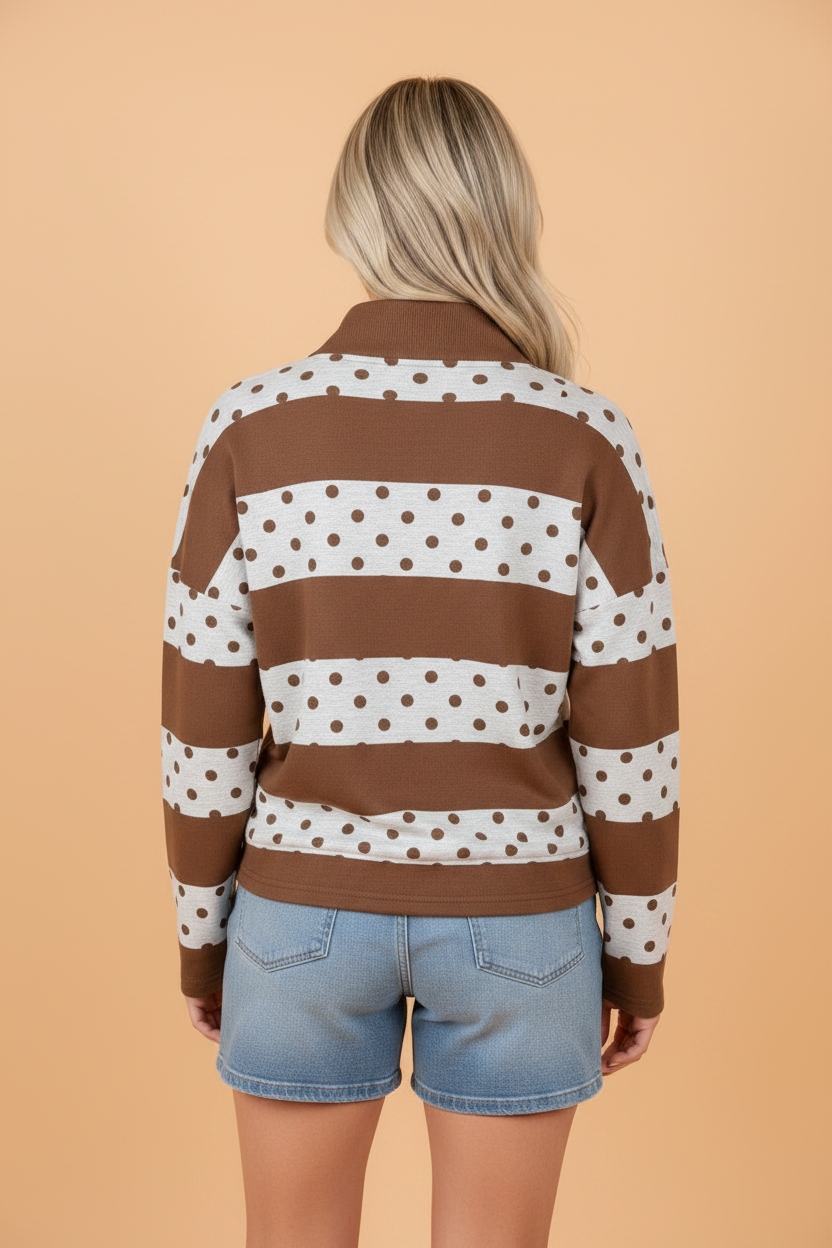 Stripe Polka Dot Patchwork Half-Zip Long Sleeve Top