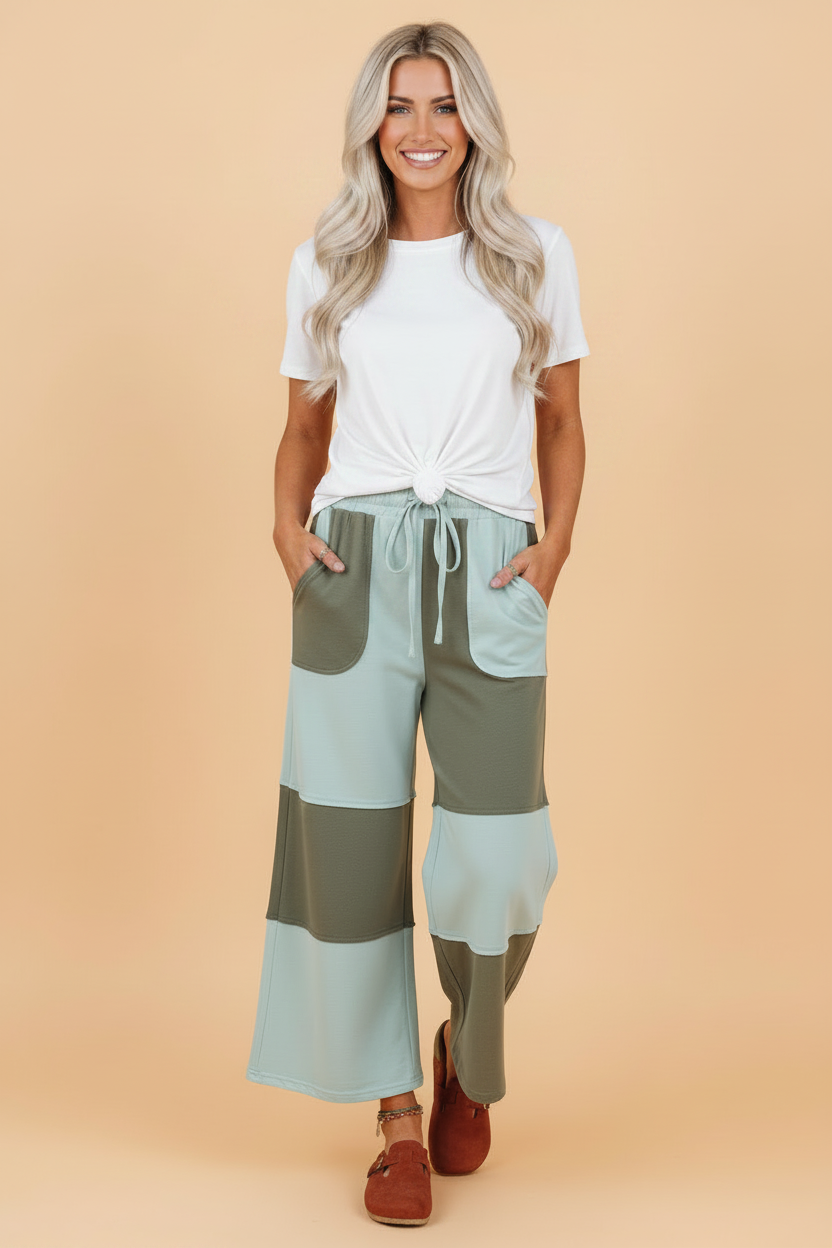 Colorblock Raw Seam Drawstring Wide Leg Pants