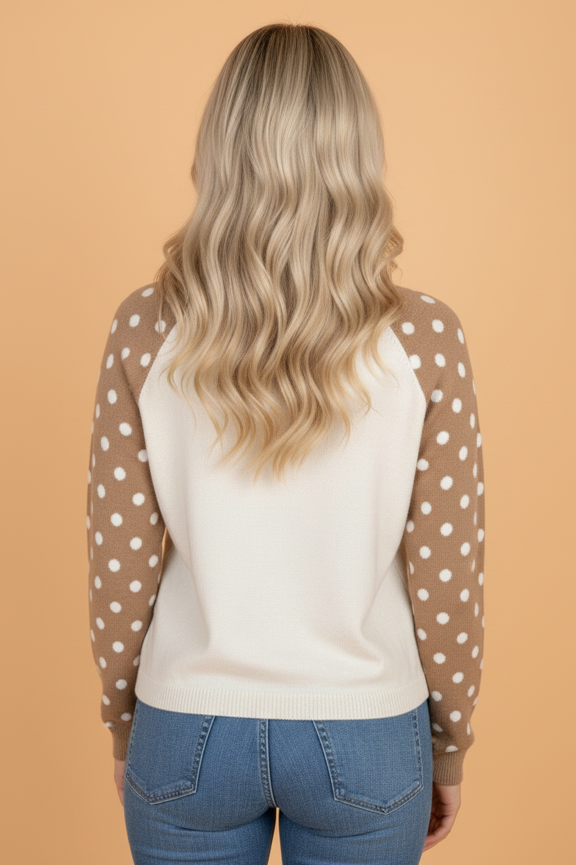 Polka Dot Patchwork Raglan Sleeve Henley Sweater