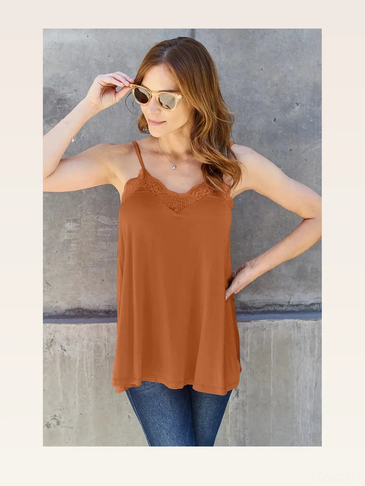 V-Neck Cami with Lace Trim