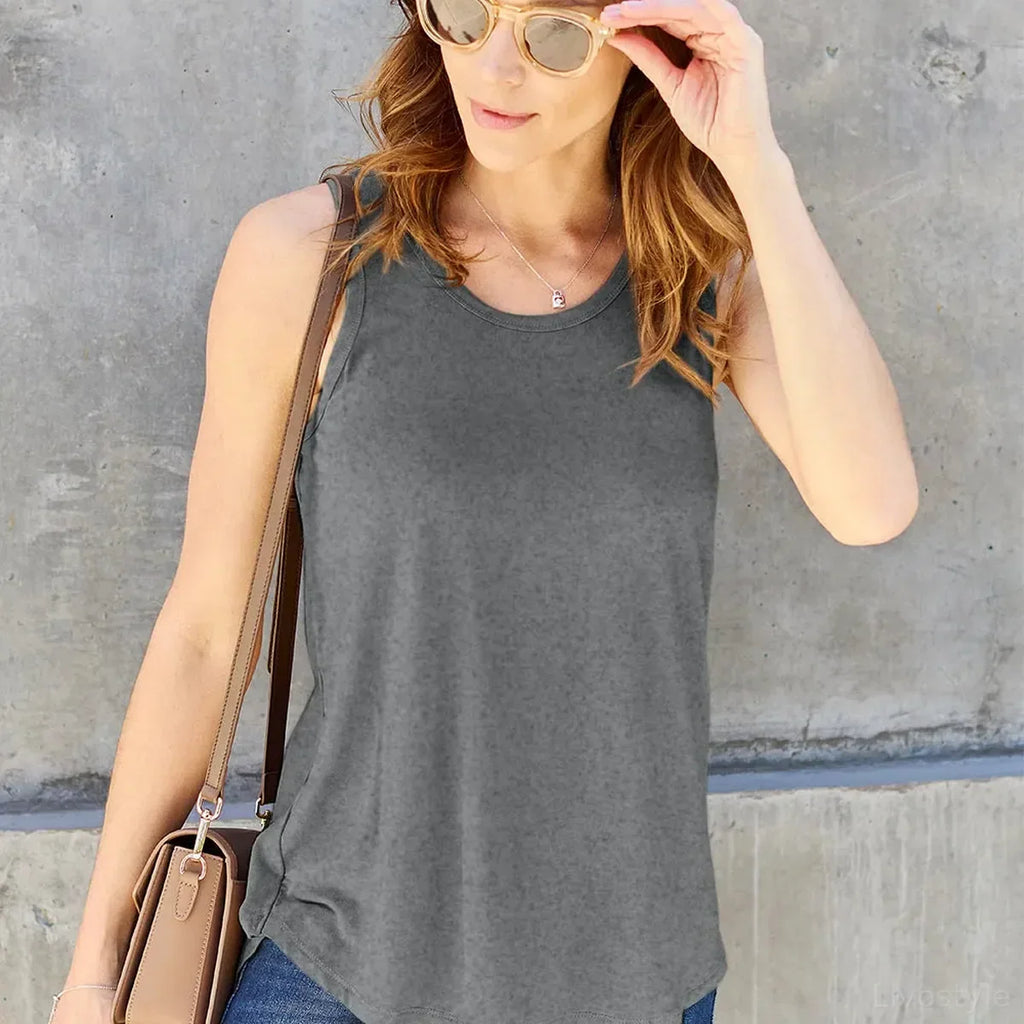 Round Neck Curved Hem Tank Top – Rayon Blend